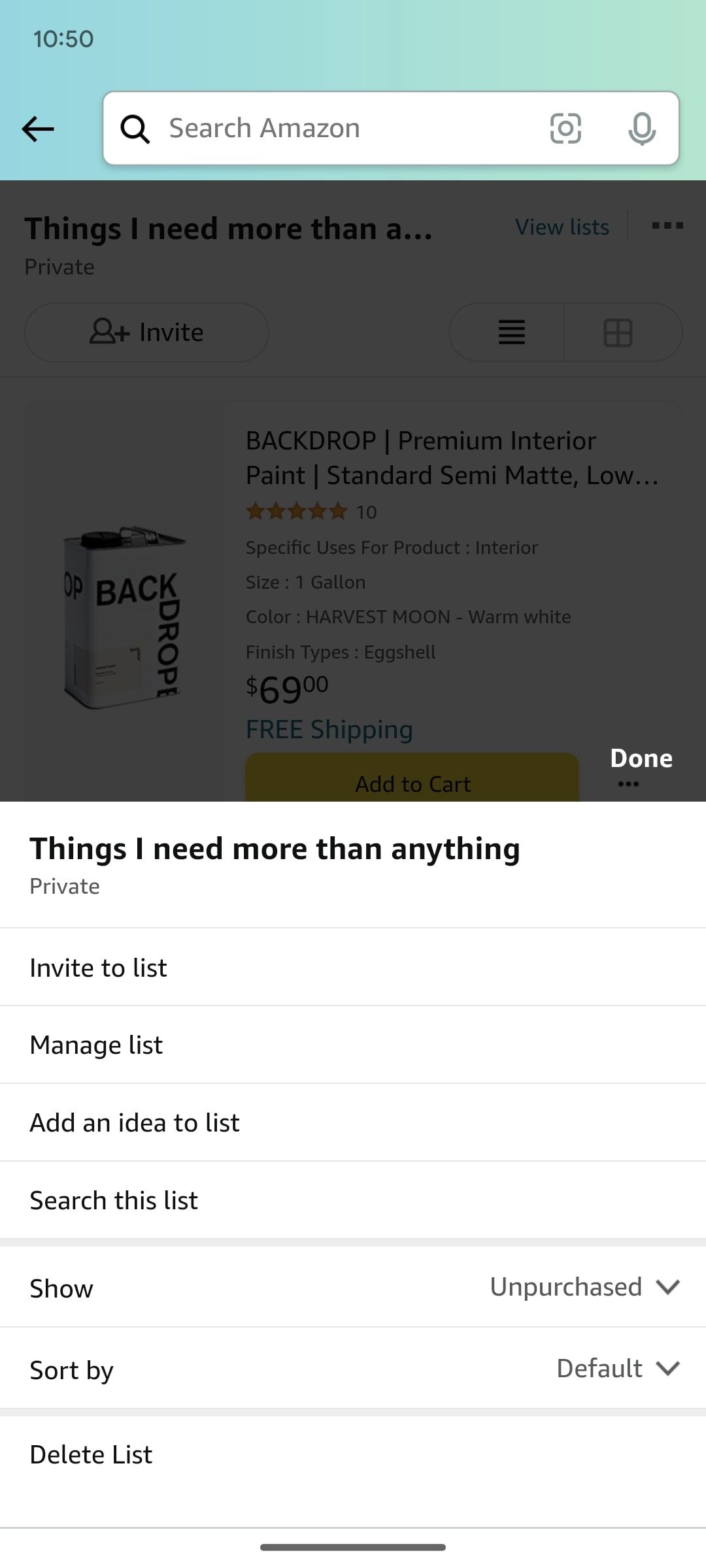 amazon shopping app showing list options
