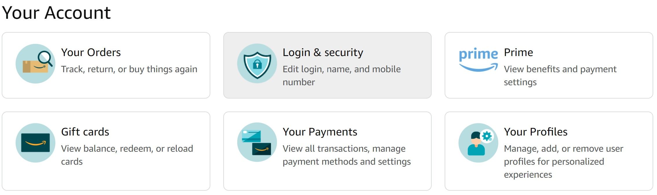 Amazon shopping desktop website login and security button highlighted