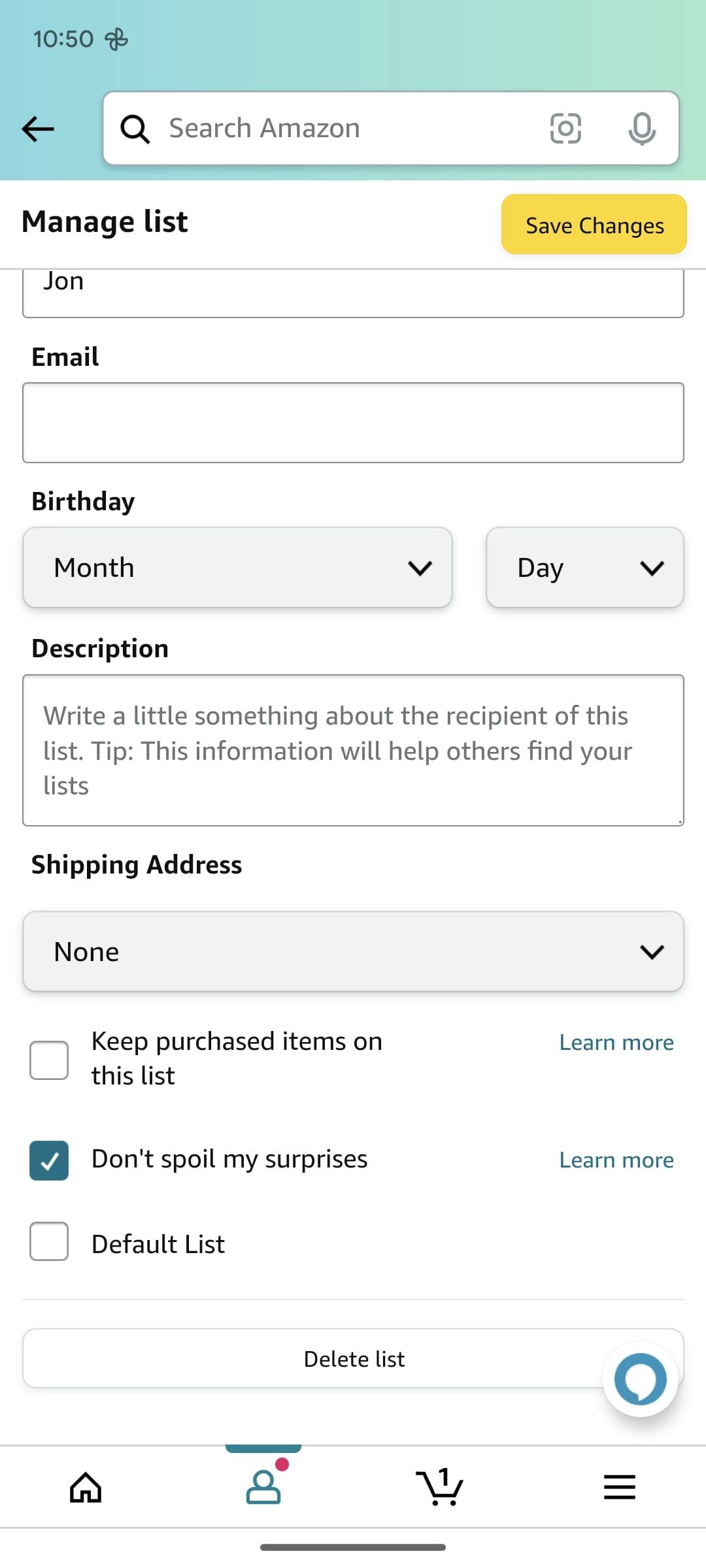 amazon shopping app showing don't spoil my surprises option