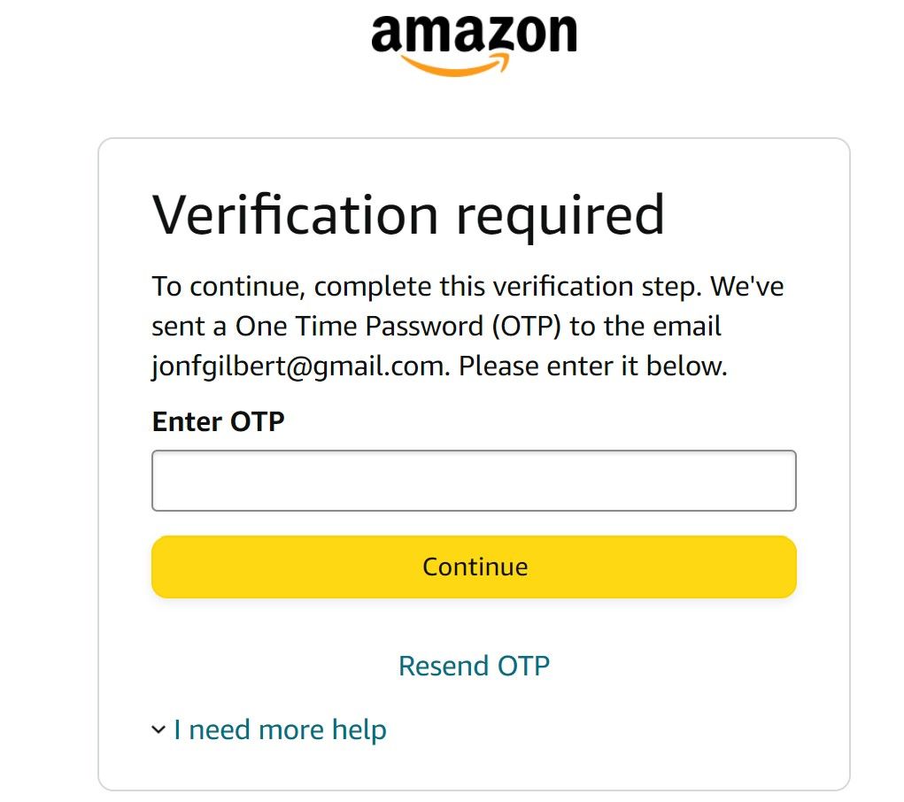Amazon one time password verification field