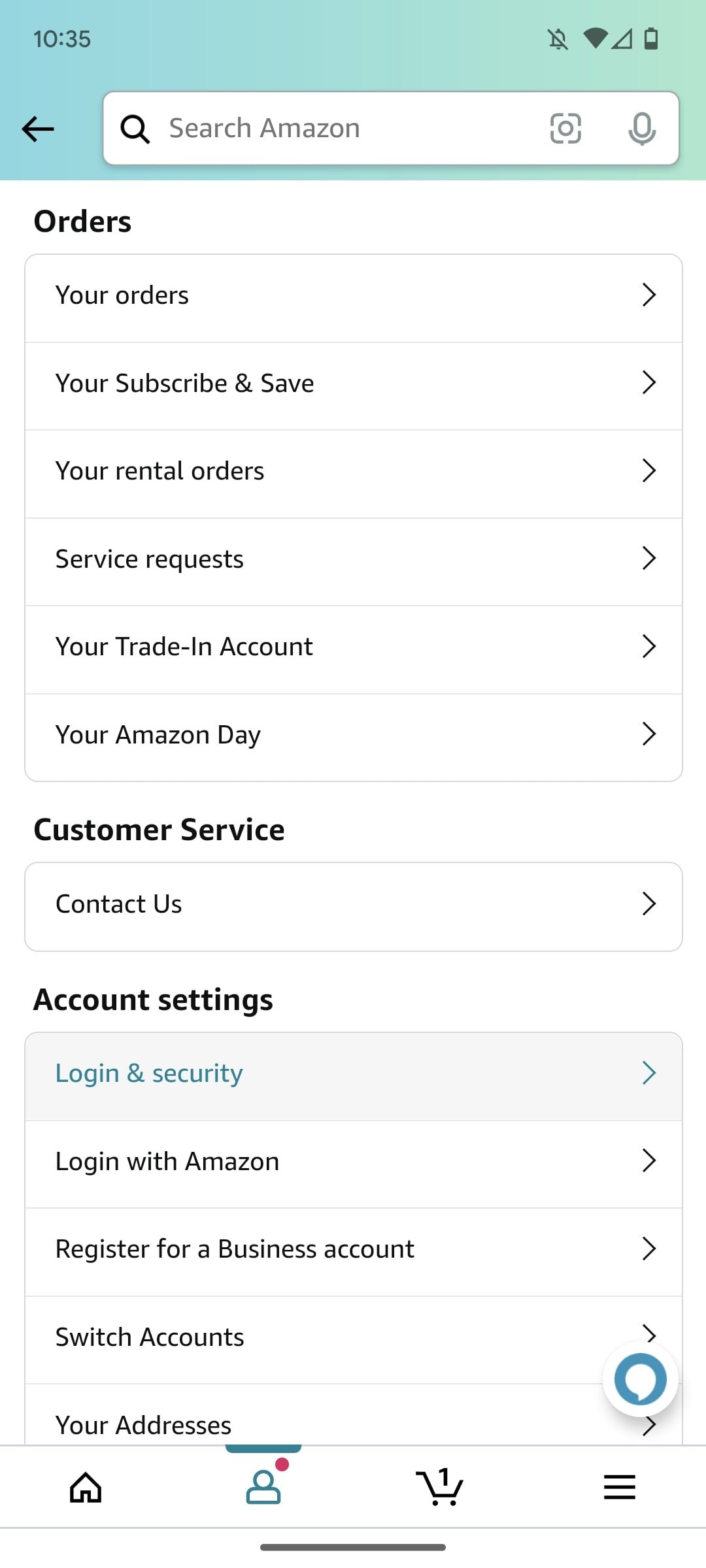 Amazon shopping app profile settings screen