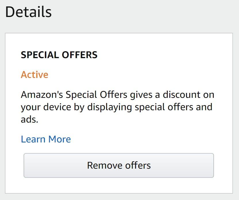 A box on Amazon's website allowing a Fire Tablet user to remove ads from their device.
