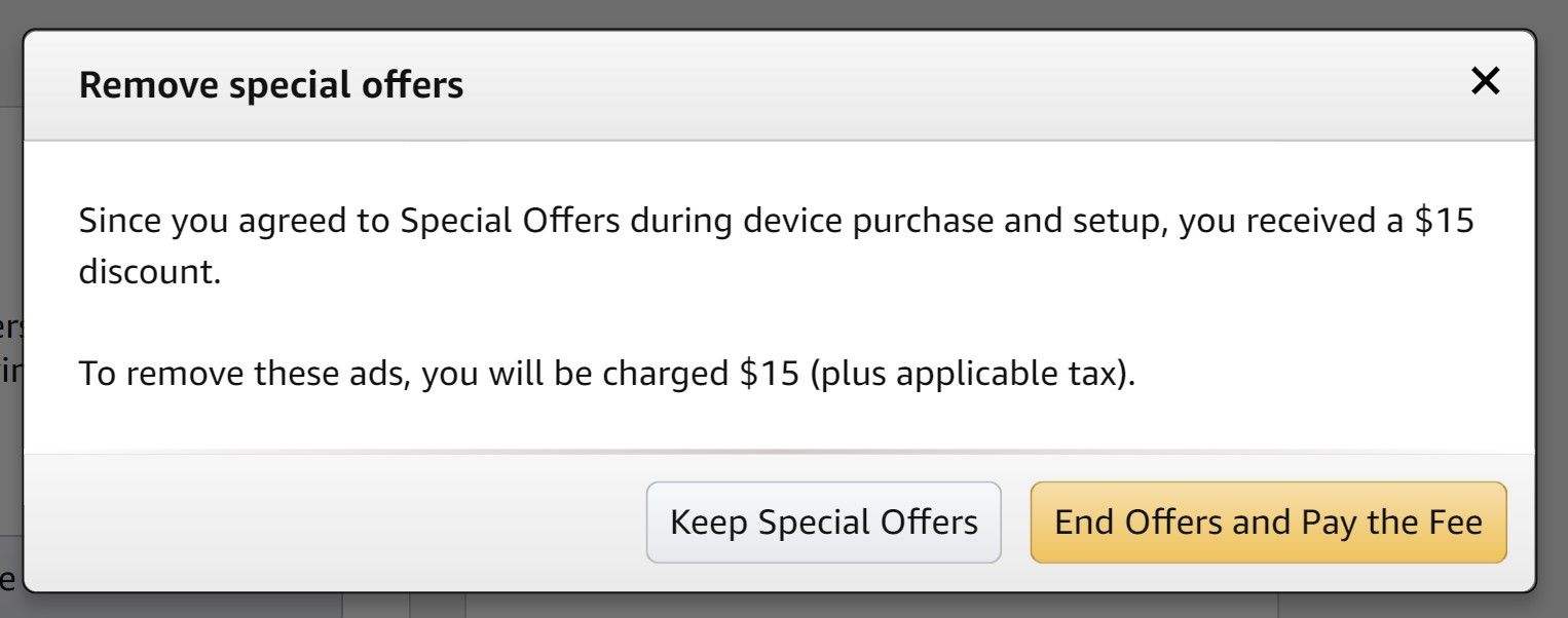 The agreement to remove ads from a Fire Tablet for $15 on Amazon's website.