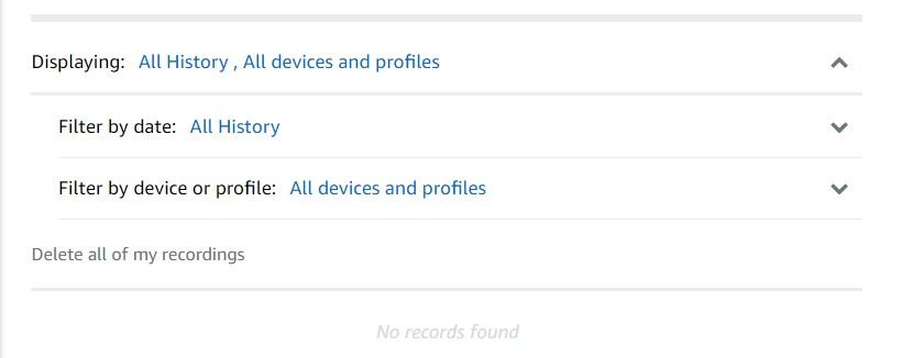 Tangkapan layar halaman riwayat Alexa Voice di browser desktop menampilkan filter untuk tanggal dan profil.
