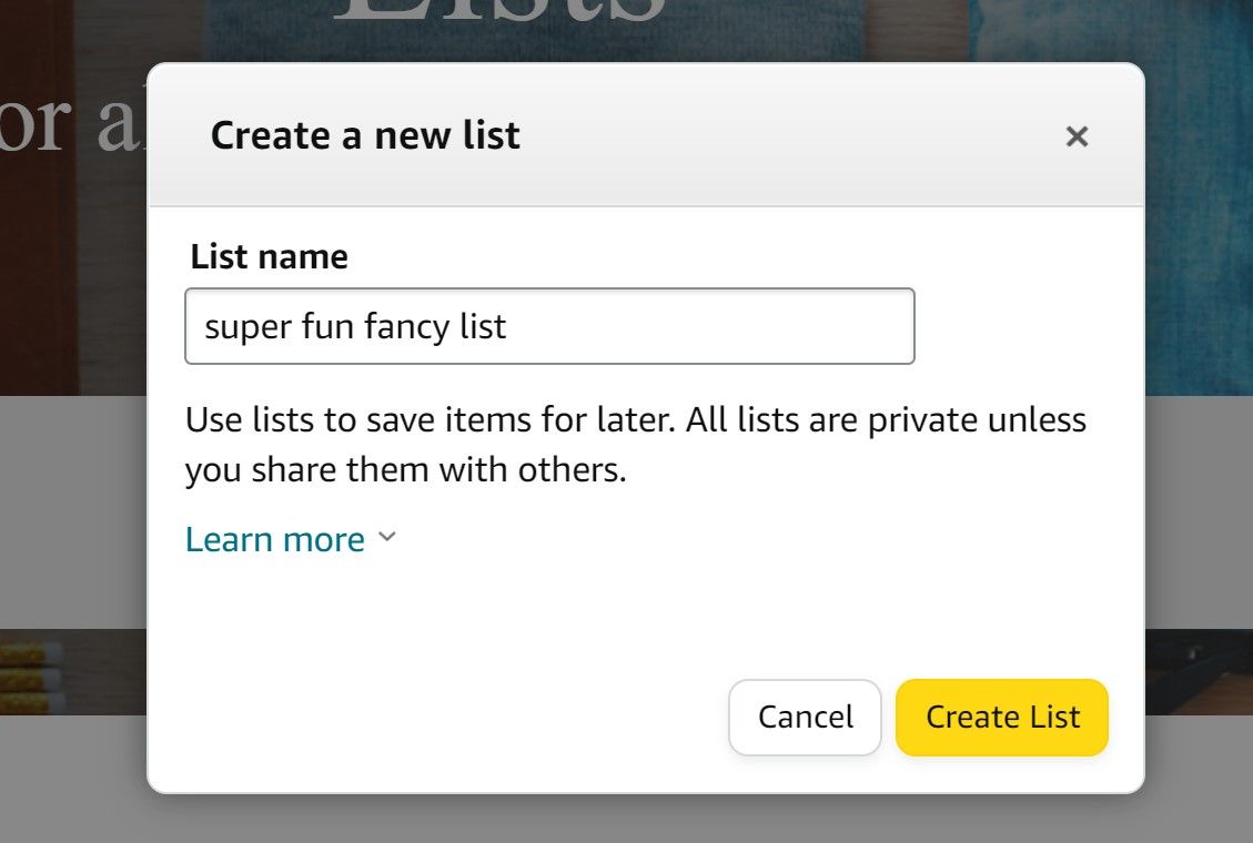amazon shopping website showing list creation window