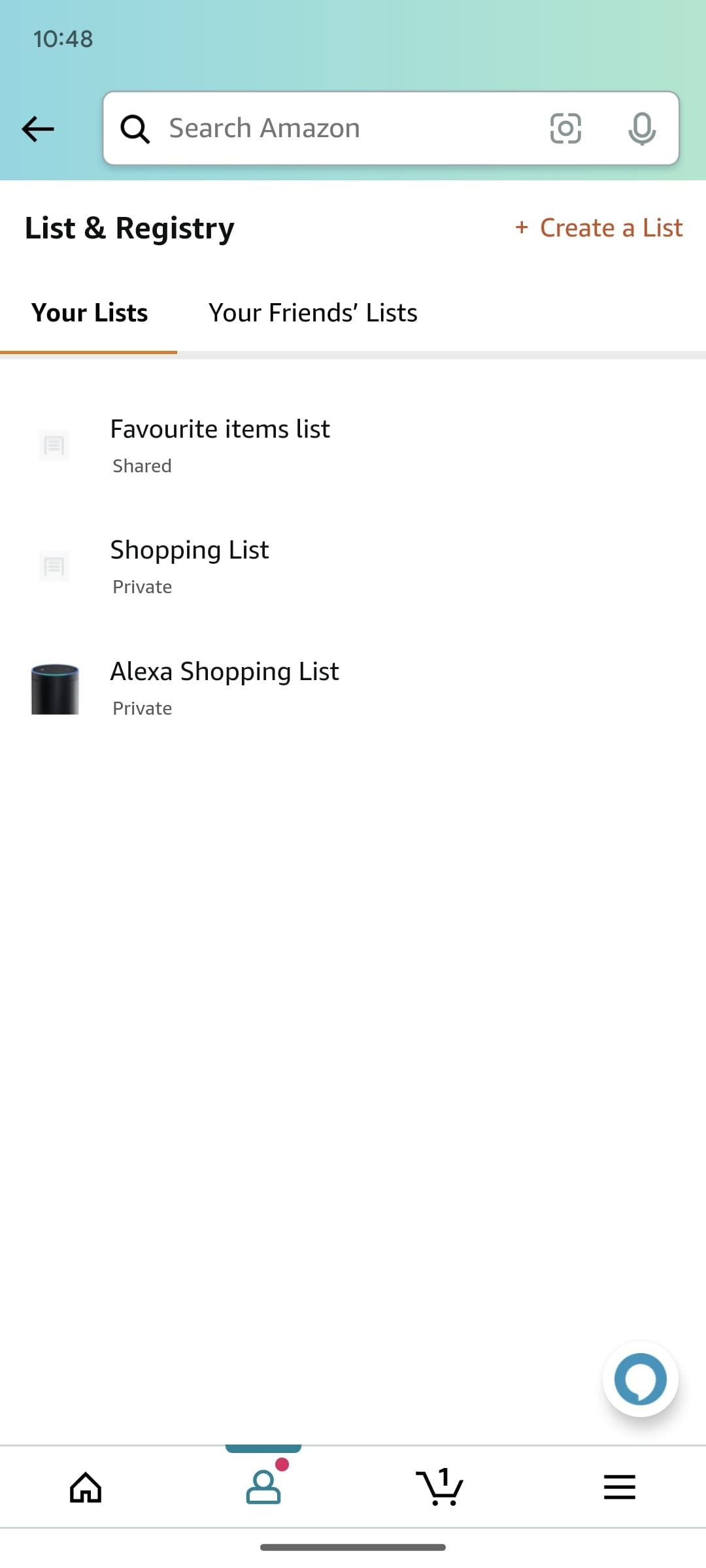 amazon shopping app showing your lists