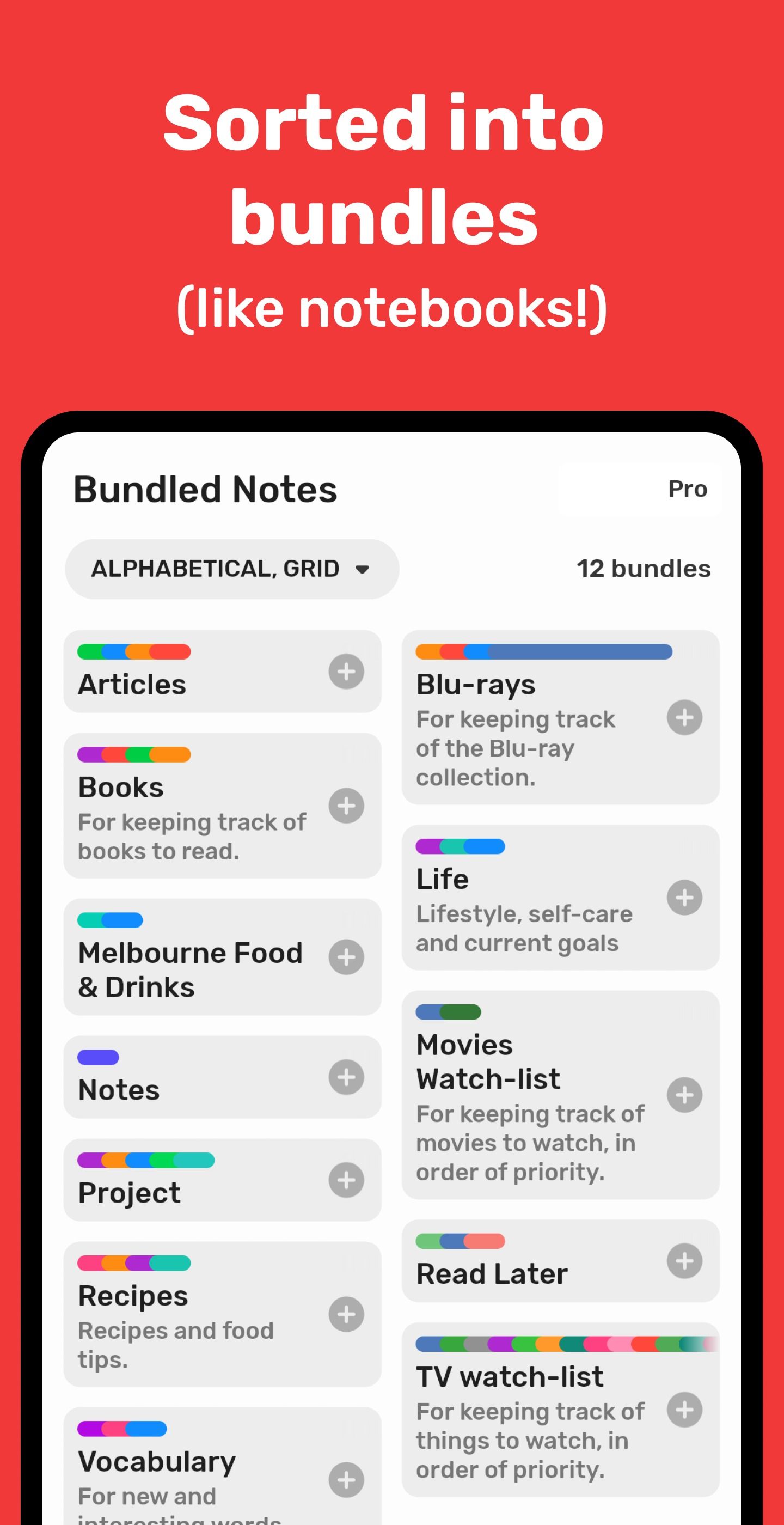 Bundled Notes homescreen showing note bundles