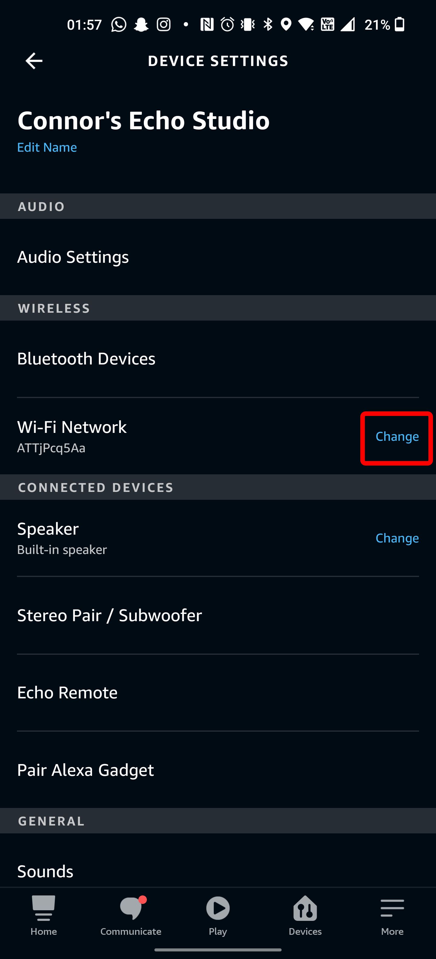 The Alexa app wifi settings menu.