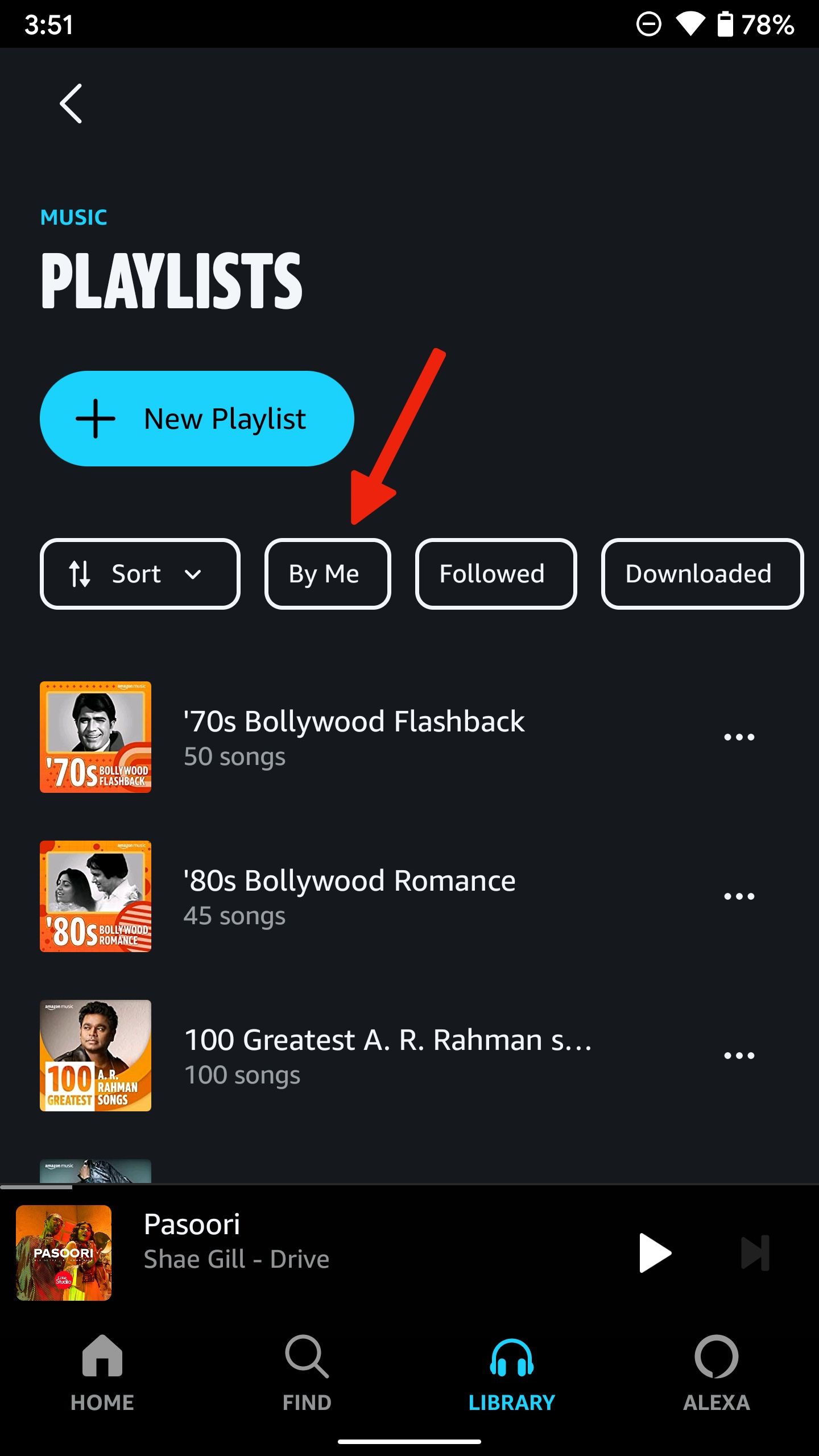 Playlists page in the Amazon Music app with an arrow pointing to 'By Me'.