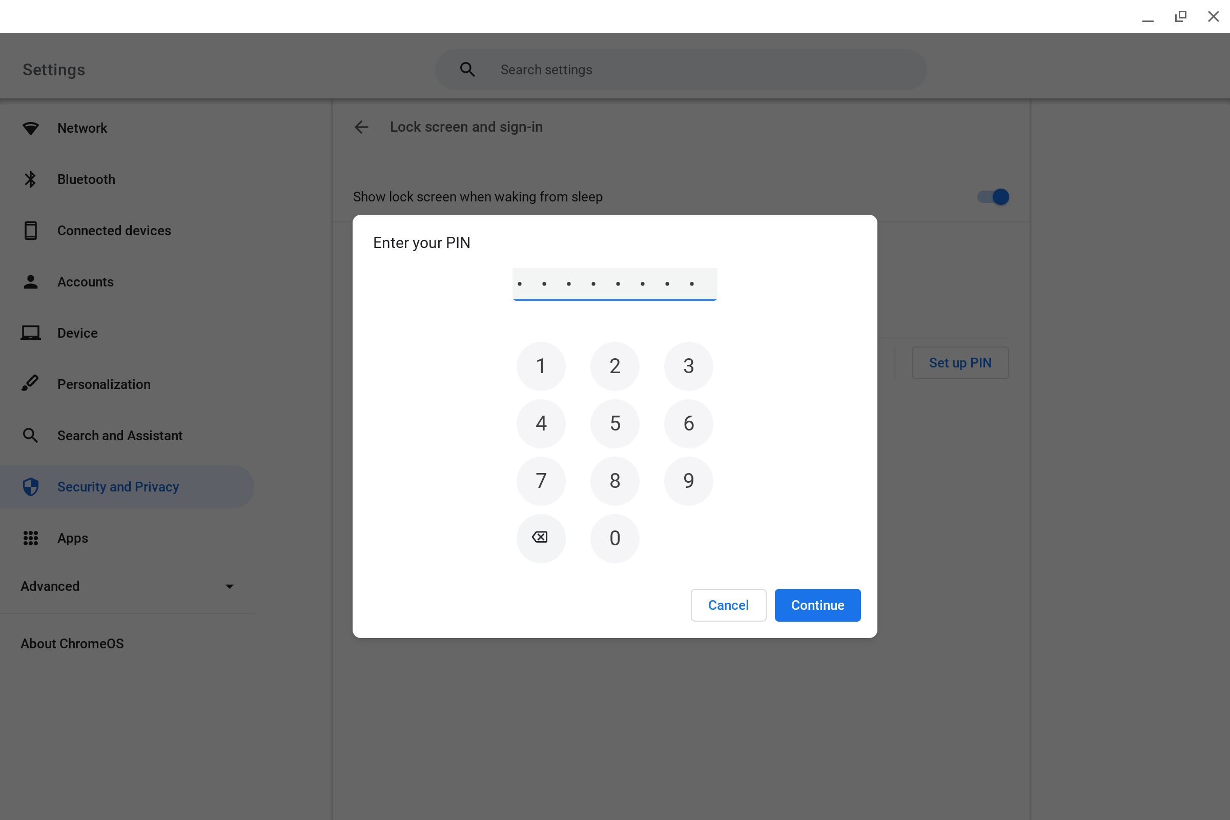 Entering your desired PIN in the Chromebook Settings app.