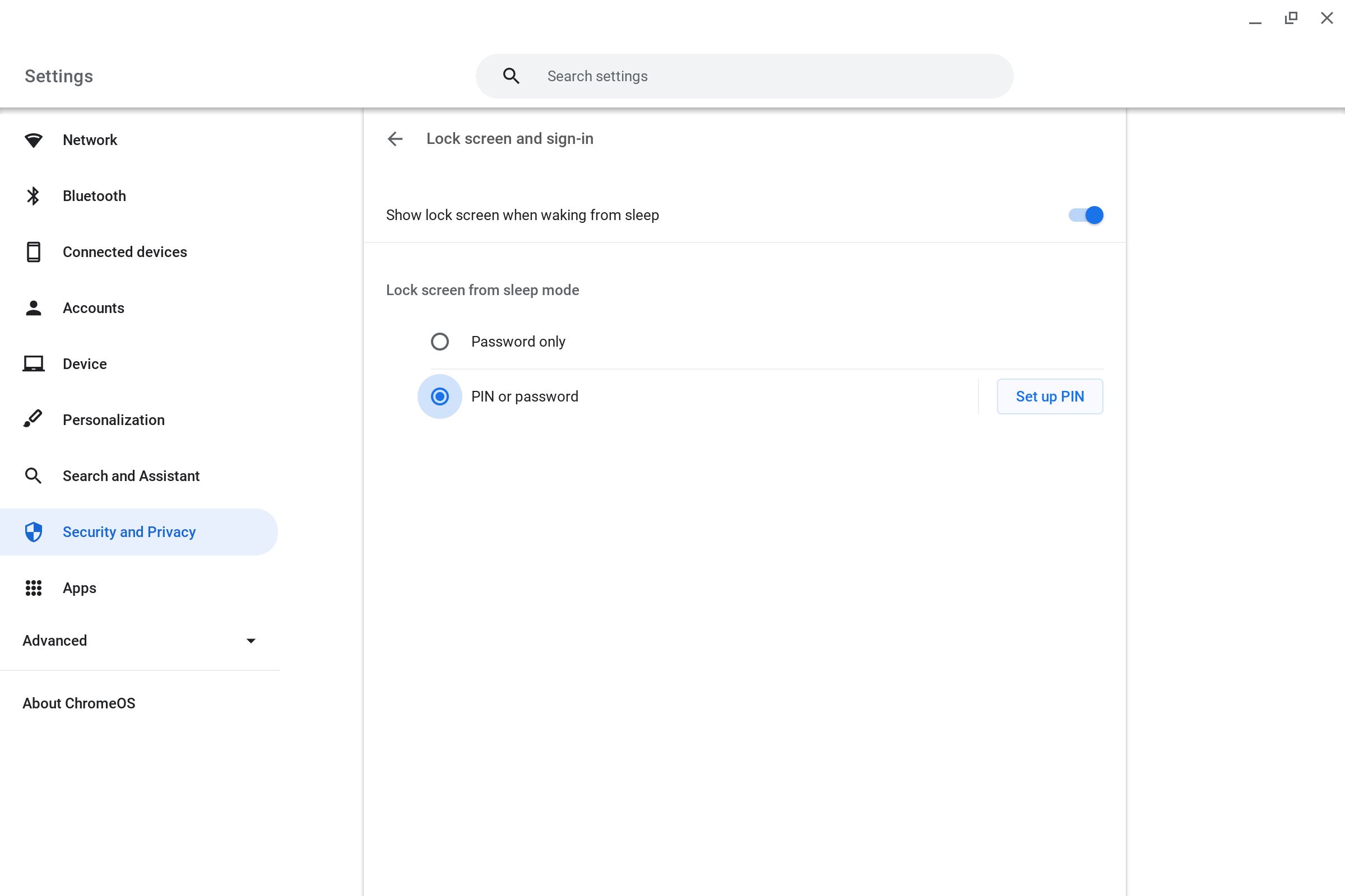 Selecting the PIN or password toggle in the Chromebook Settings app.