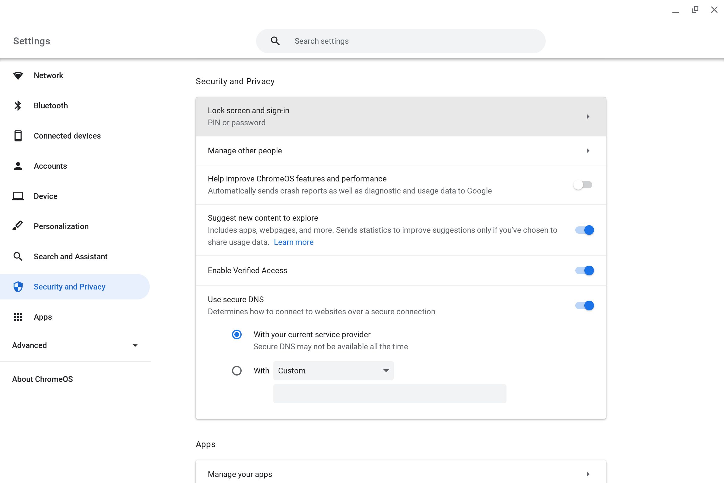 The Security and Privacy section in the Chromebook Settings app.