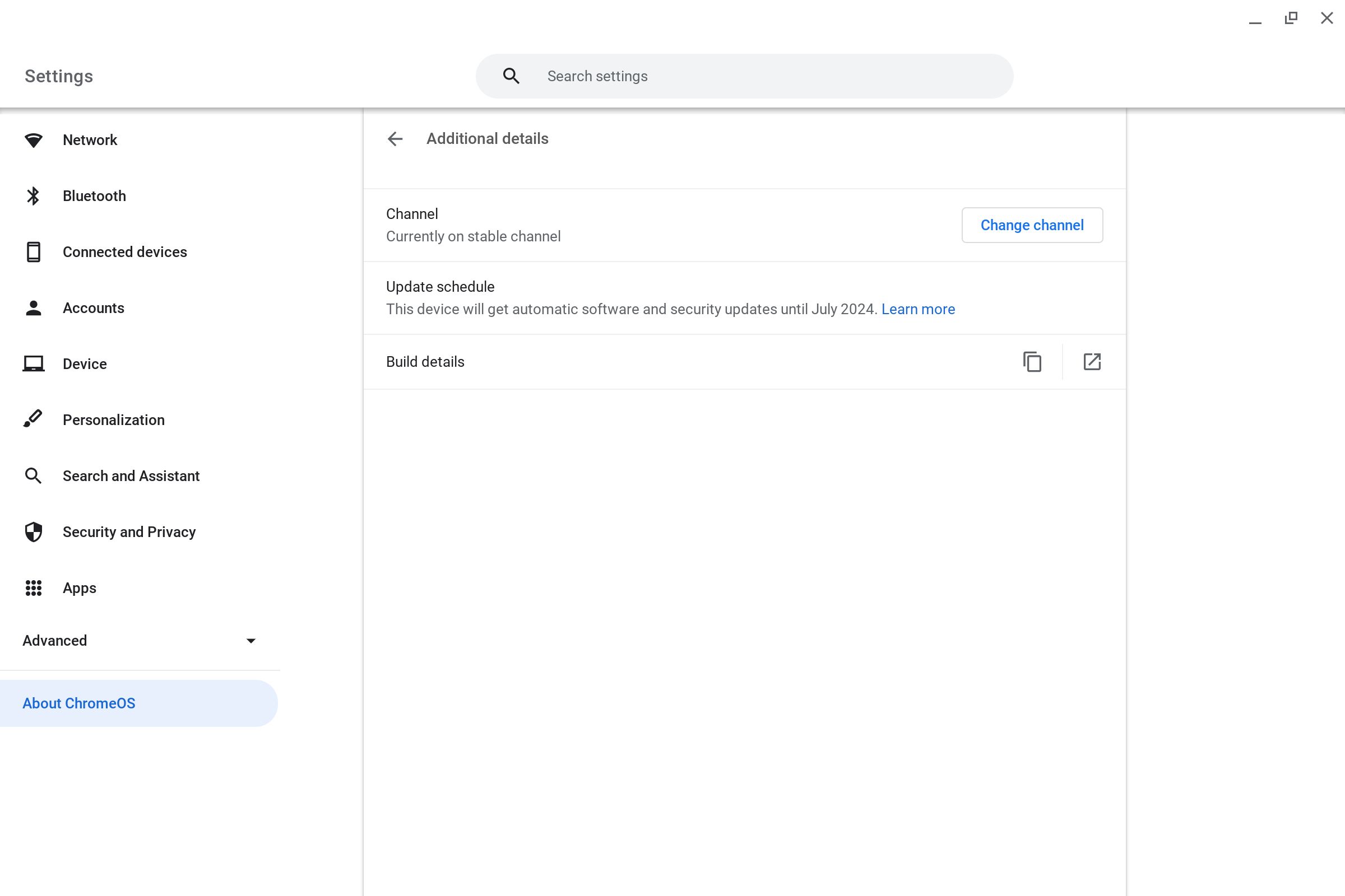 The Extra foremost functions piece of the About ChromeOS piece of the Chrome OS Settings app.