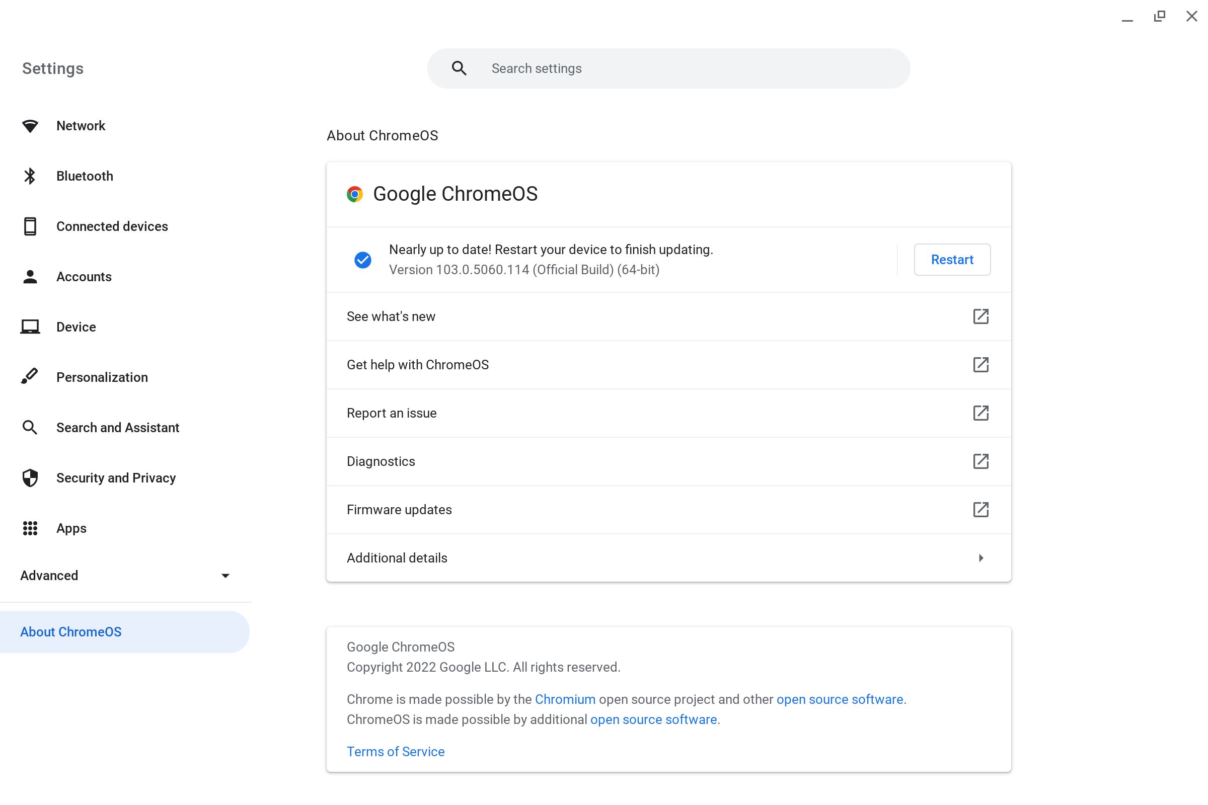 The Chromebook Settings app About ChromeOS section.