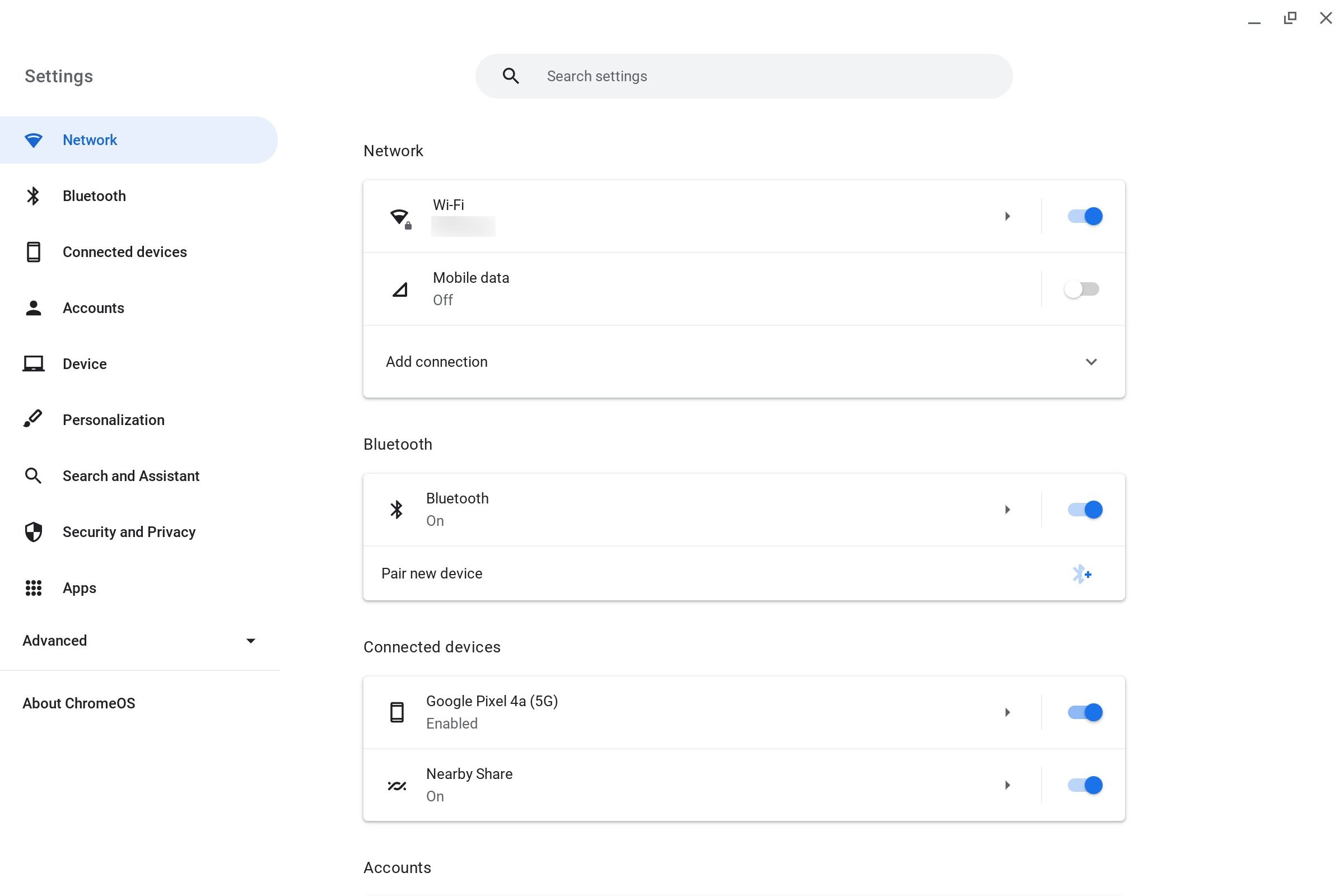 The Chromebook Settings app predominant menu