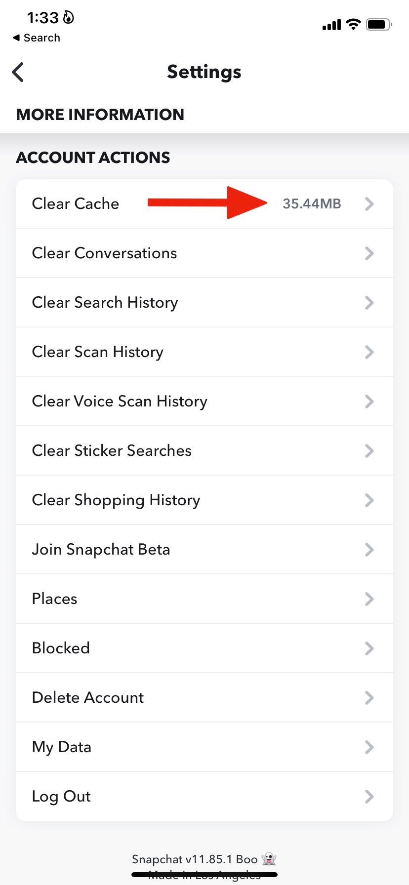Screenshot highlighting Clear Cache option for Snapchat