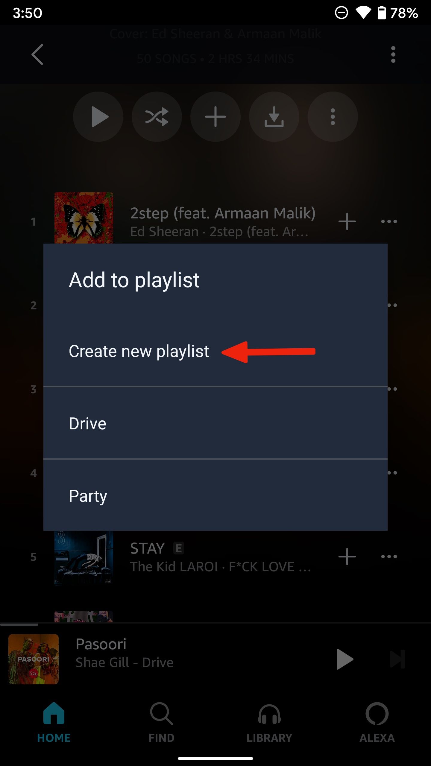 Add to playlist popup for a specific song with an arrow pointing to 'Create new playlist'.