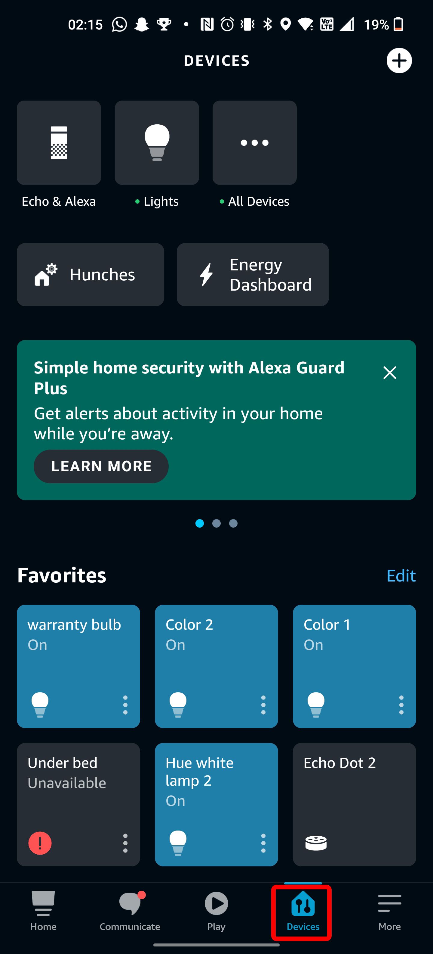 The Alexa app with the devices tab in a red rectangle.