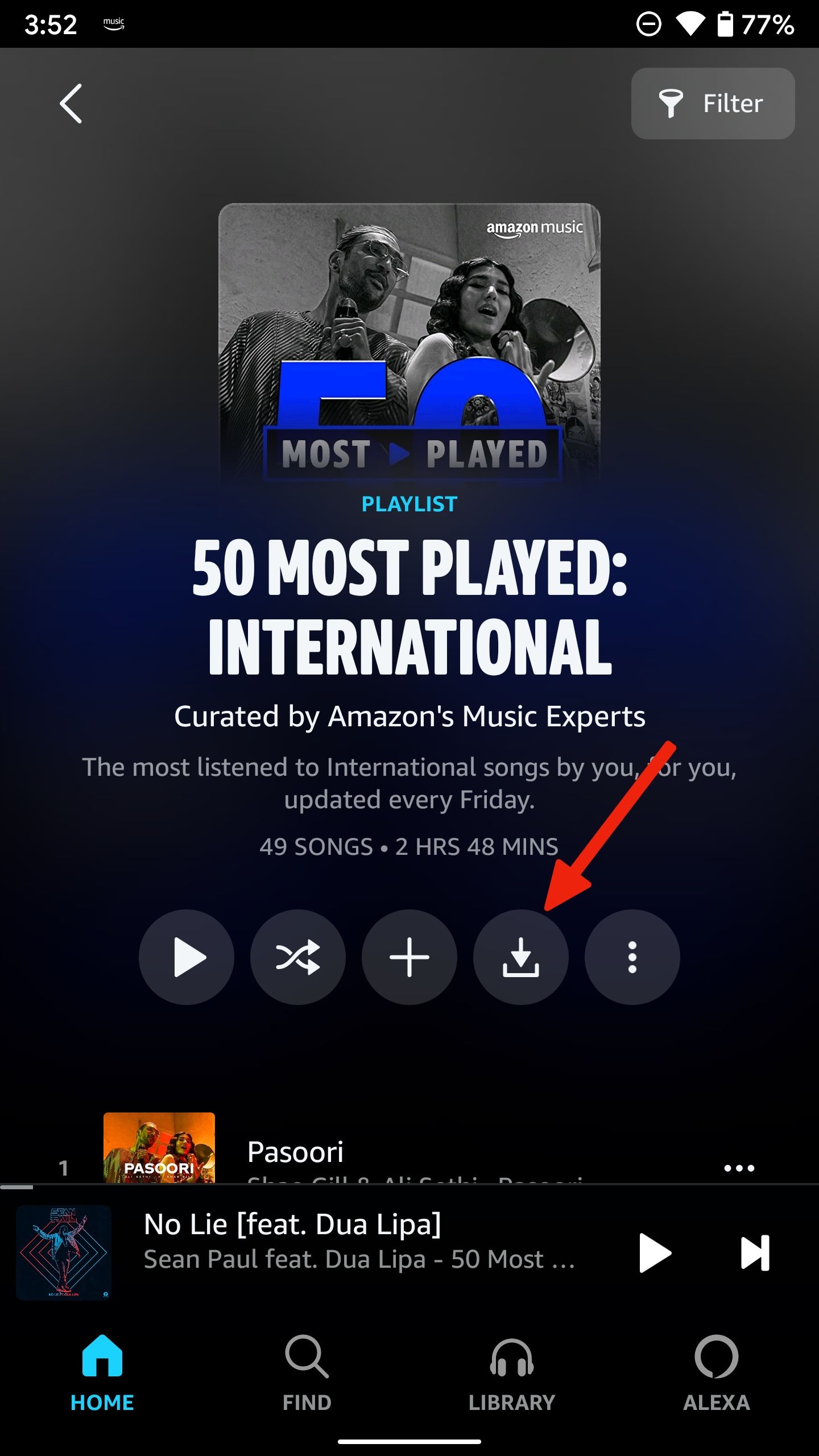 Shows the page for a specific playlist in the Amazon Music app with an arrow pointing to the download icon.