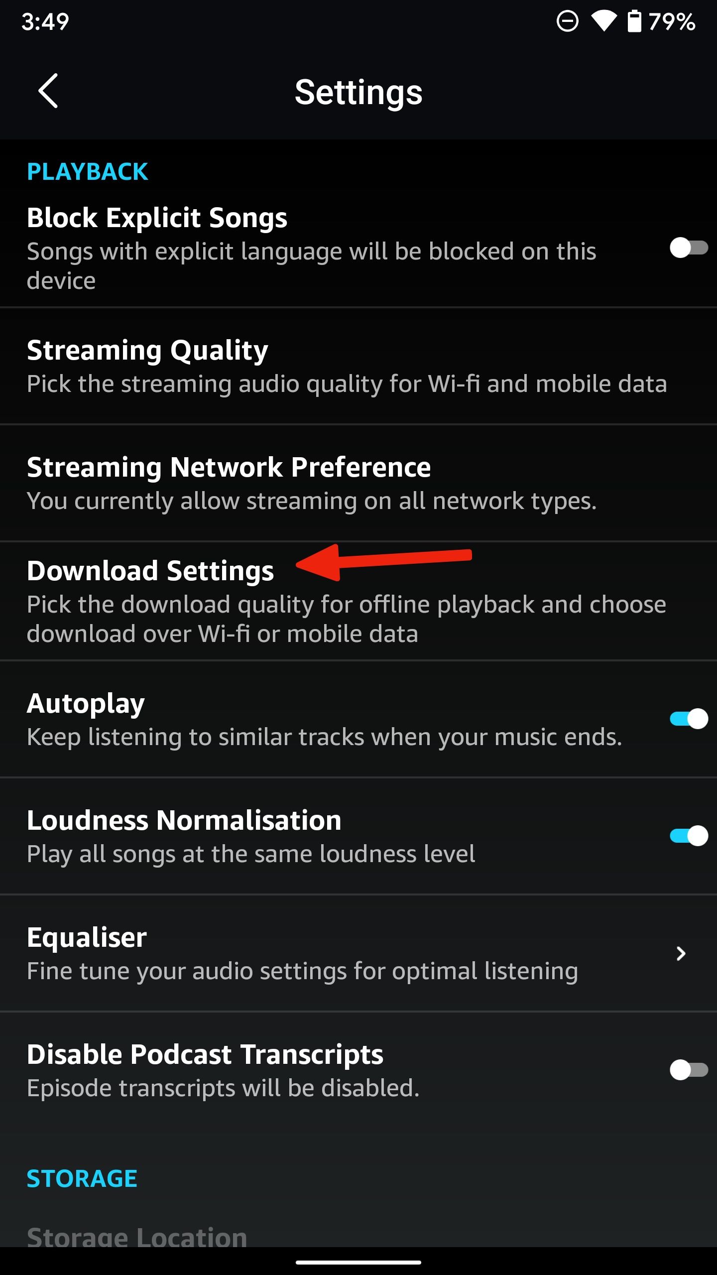 Settings page in the Amazon Music app with an arrow pointing to 'Download Settings'.