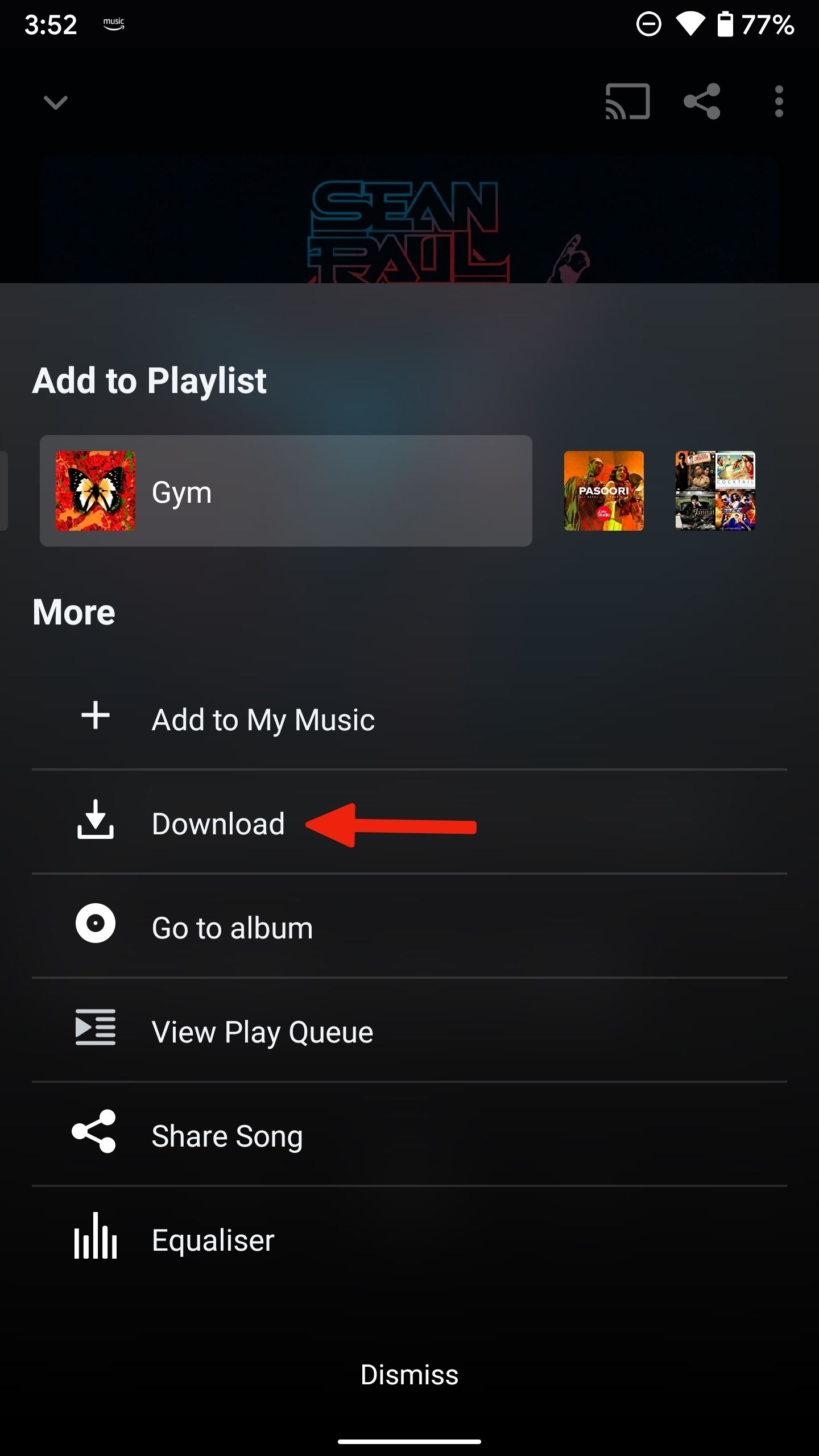 Options popup for a specific song with an arrow pointing to the 'Download' option.