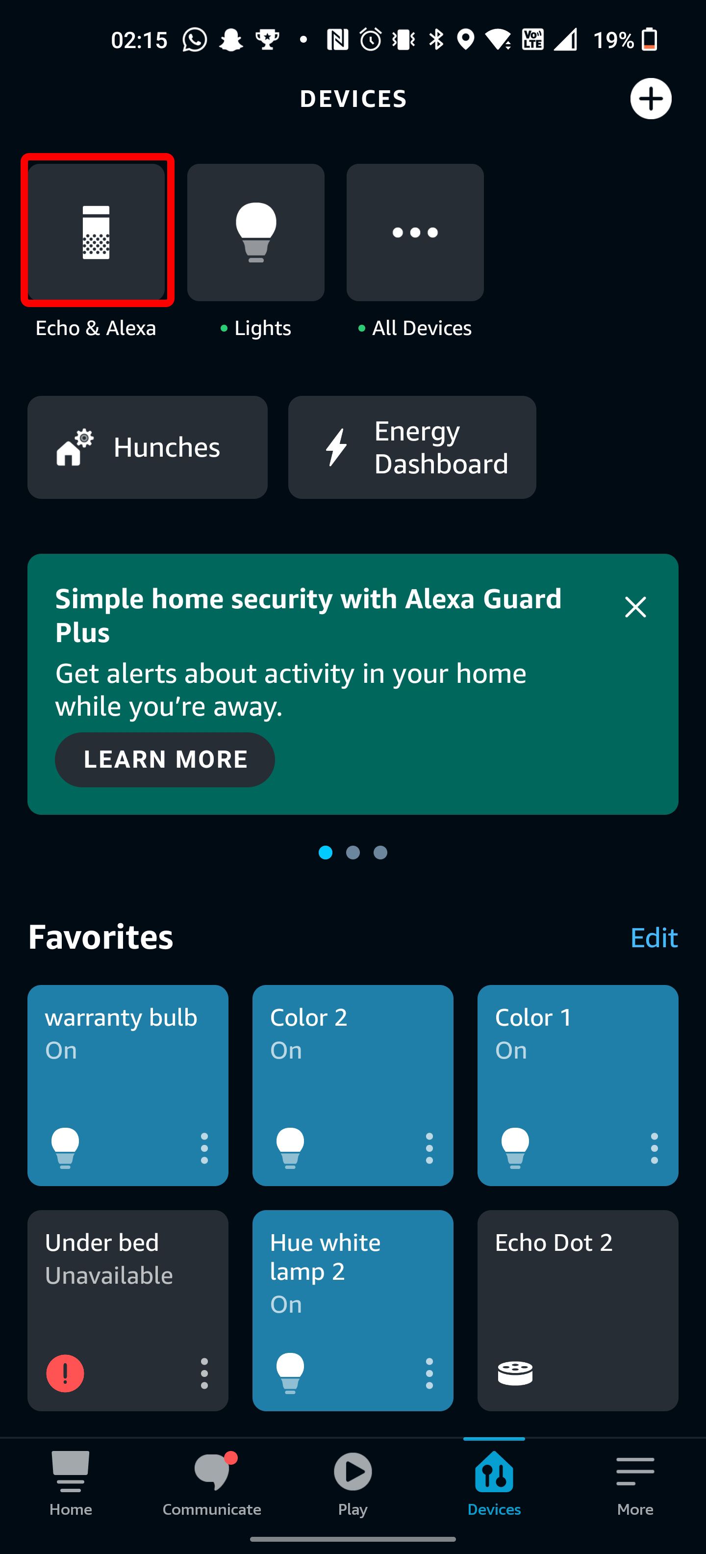 The Alexa app devices menu.
