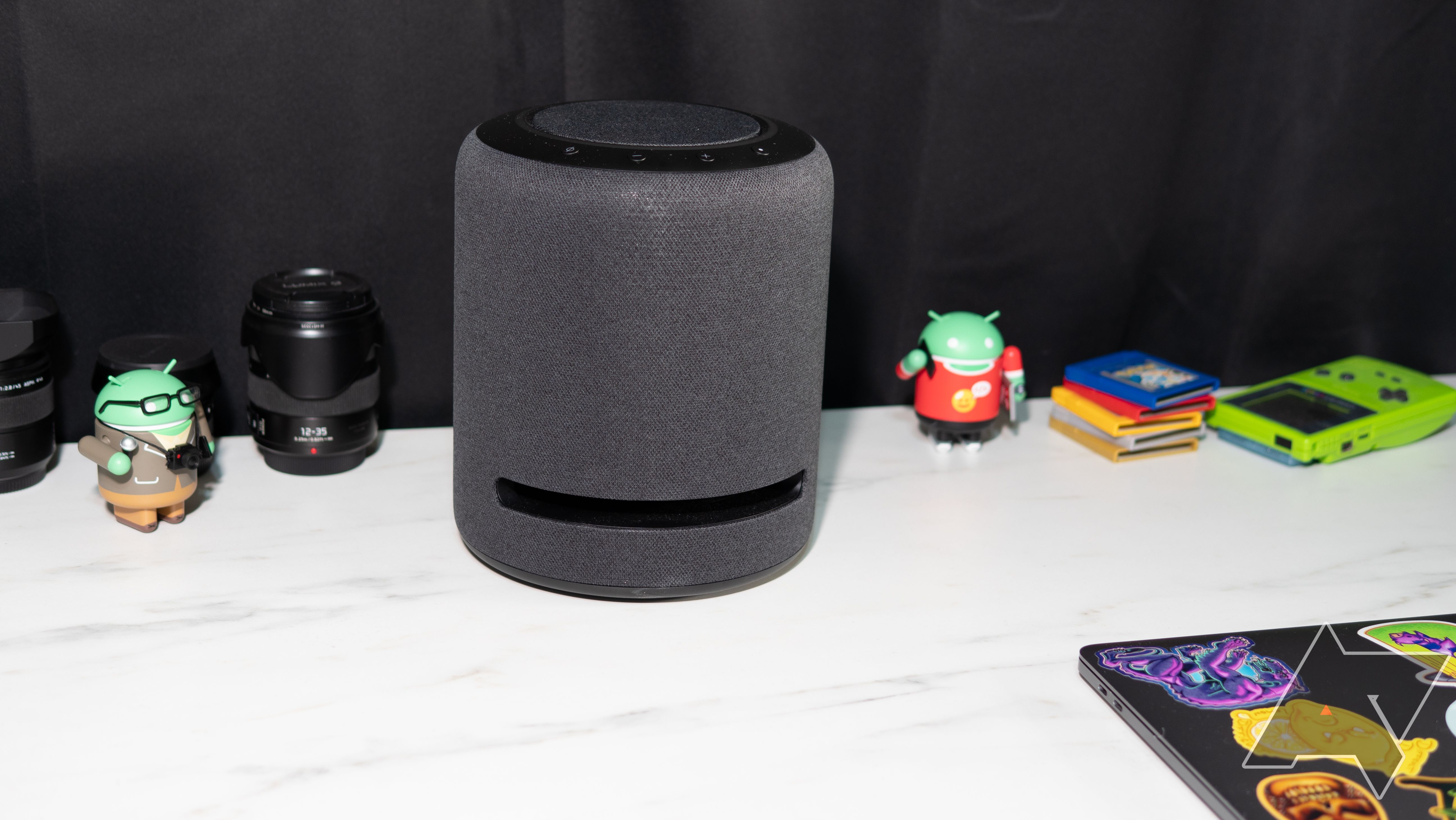 An Amazon Echo Studio sitting on a desk