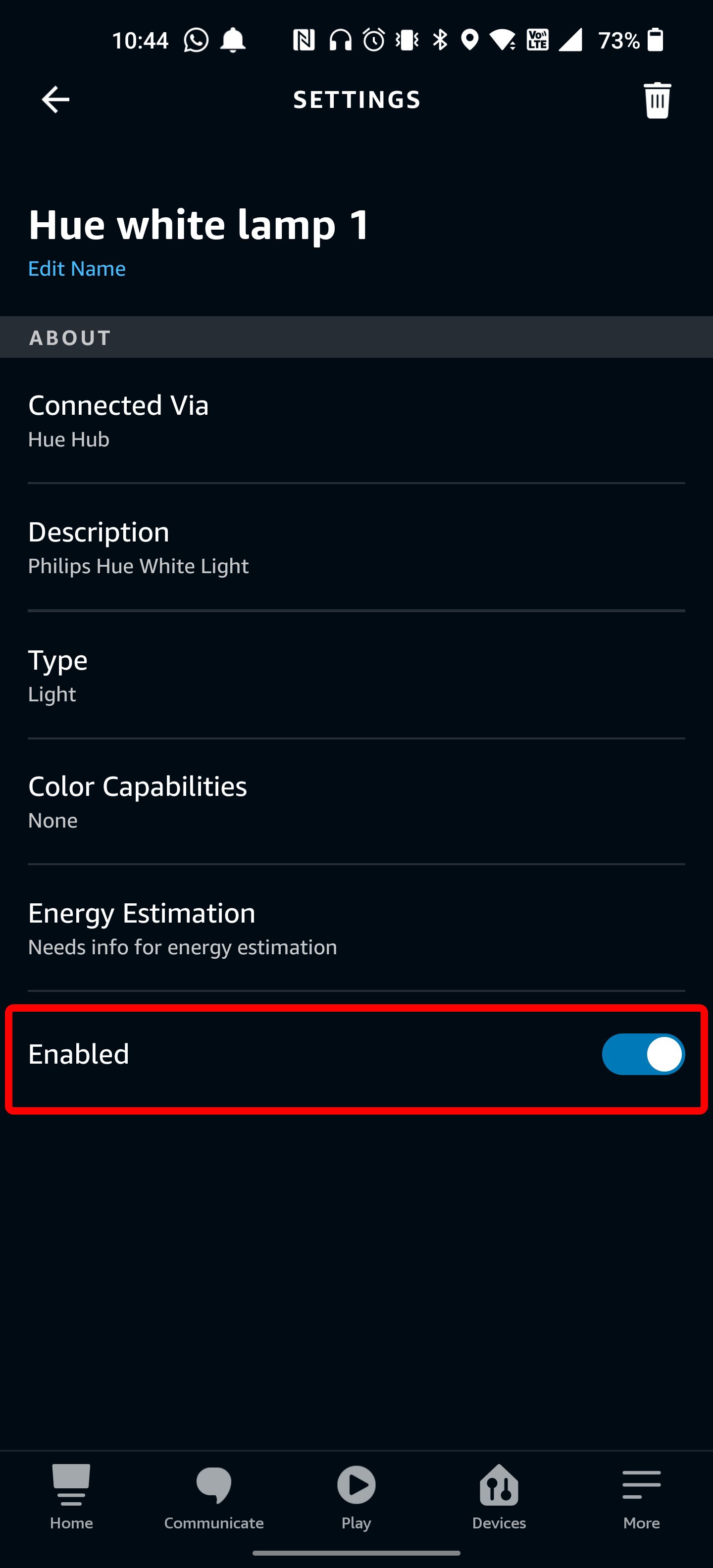 A red rectangle around the Enabled option for a Hue lamp in the Alexa app.