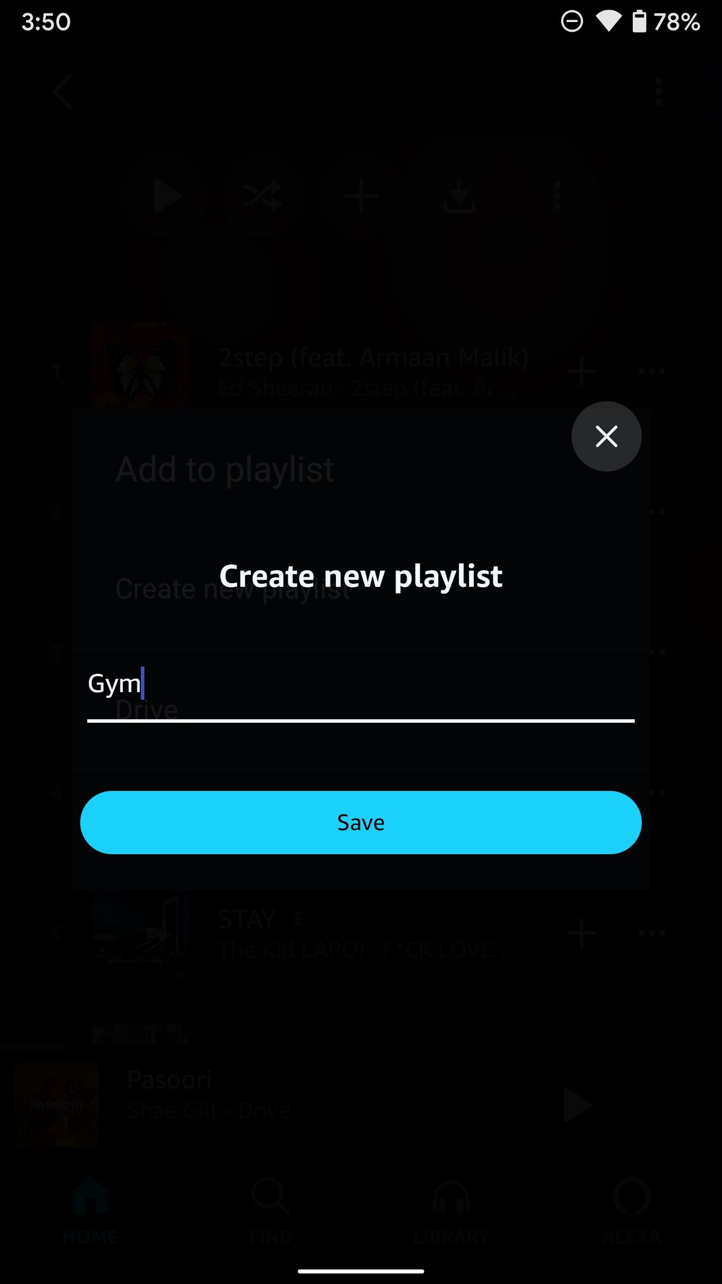 Create a new playlist screen in the Amazon Music app with an option to name the playlist and a 'Save' button.