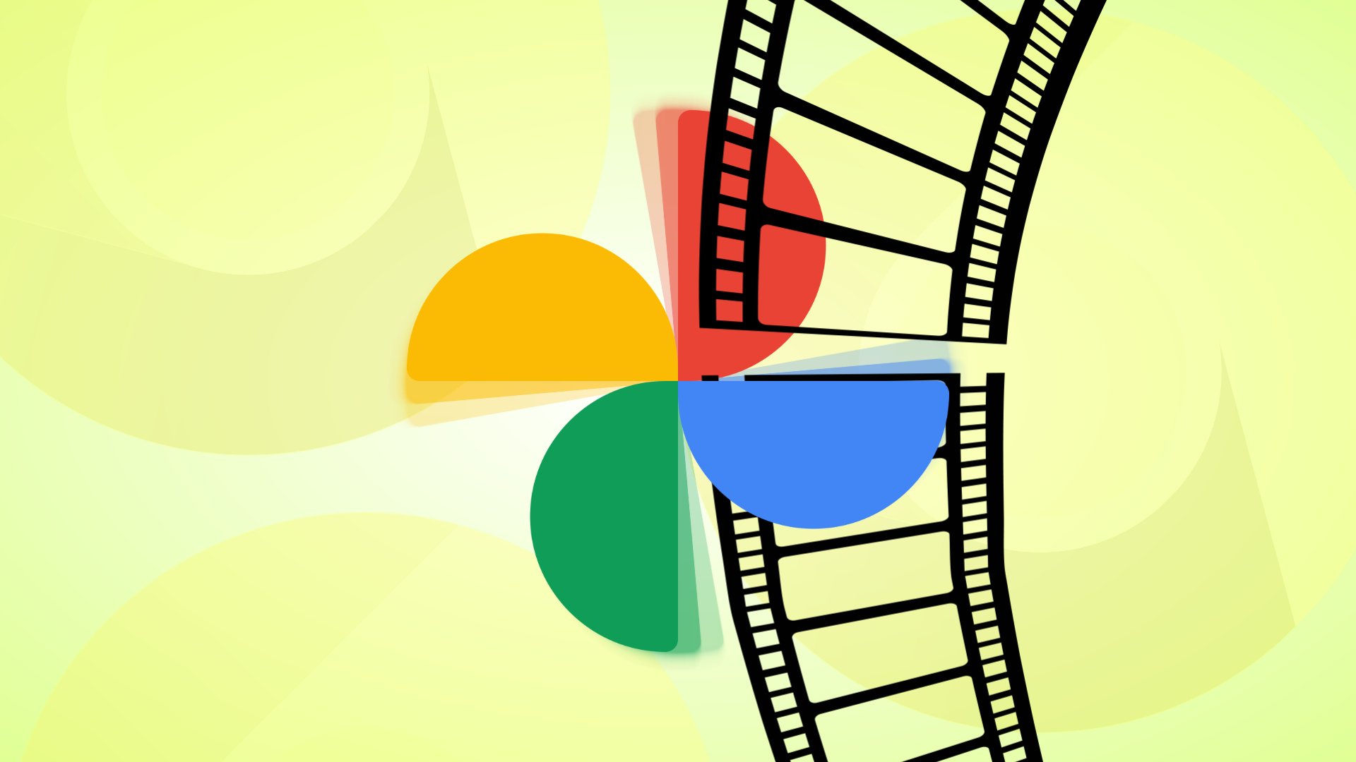 A illustration with the Google Photos icon cutting through camera film against a yellow backdrop. 