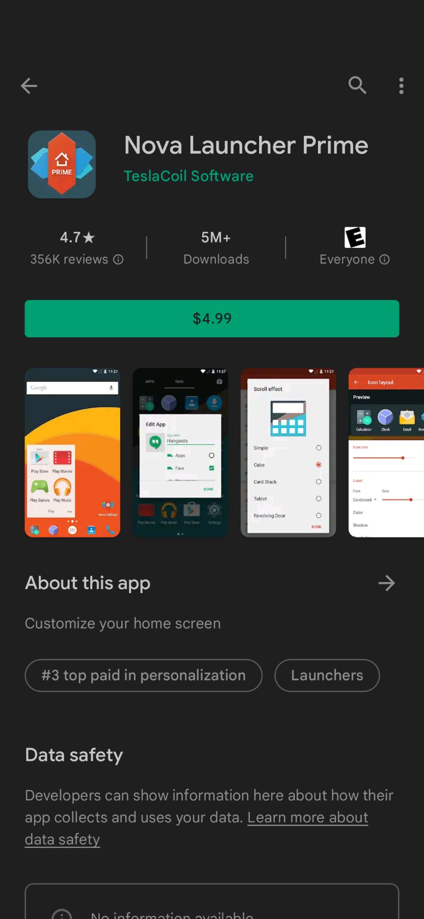 The Nova Launcher Prime Google Play Store listing.
