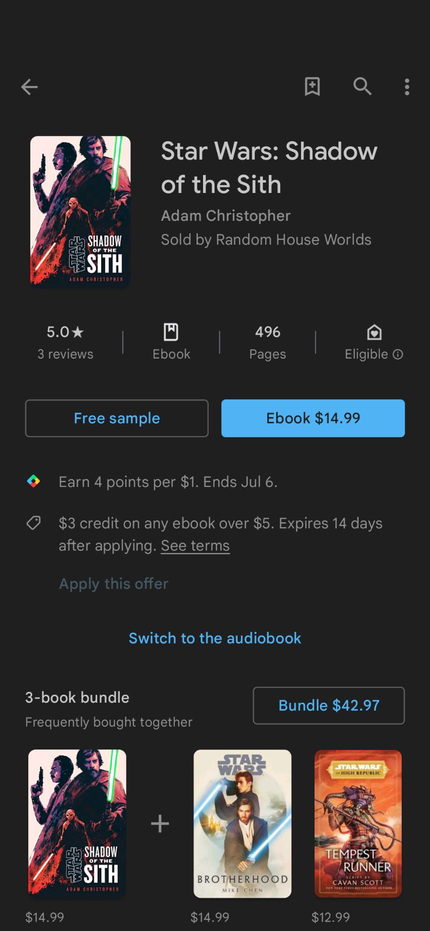 The Google Play Store app's "Star Wars: Shadow of the Sith" listing.