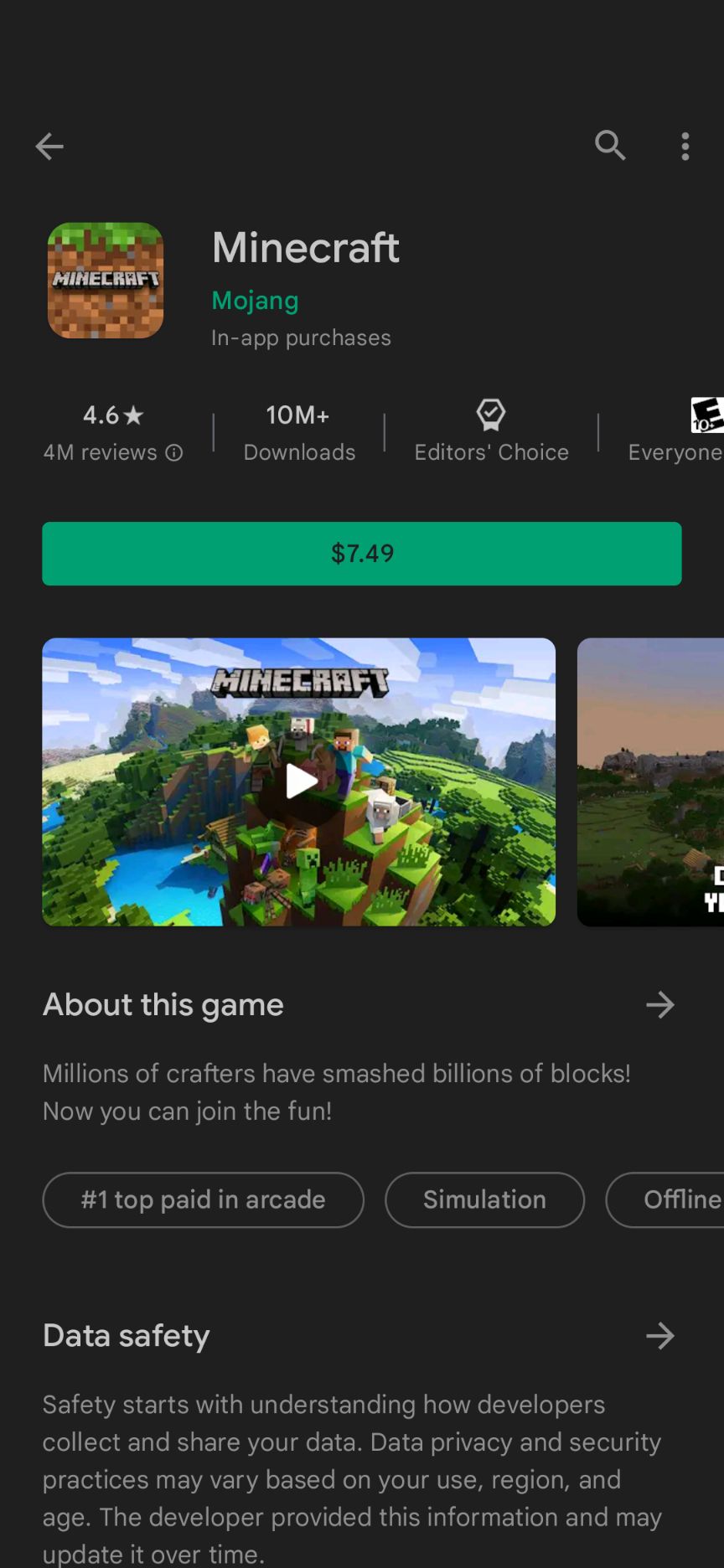 The Google Play Store app's Minecraft game listing.
