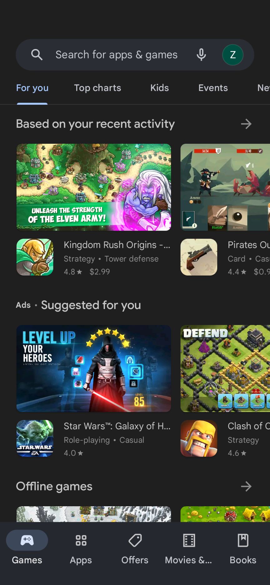 The Google Play Store app's Games tab.