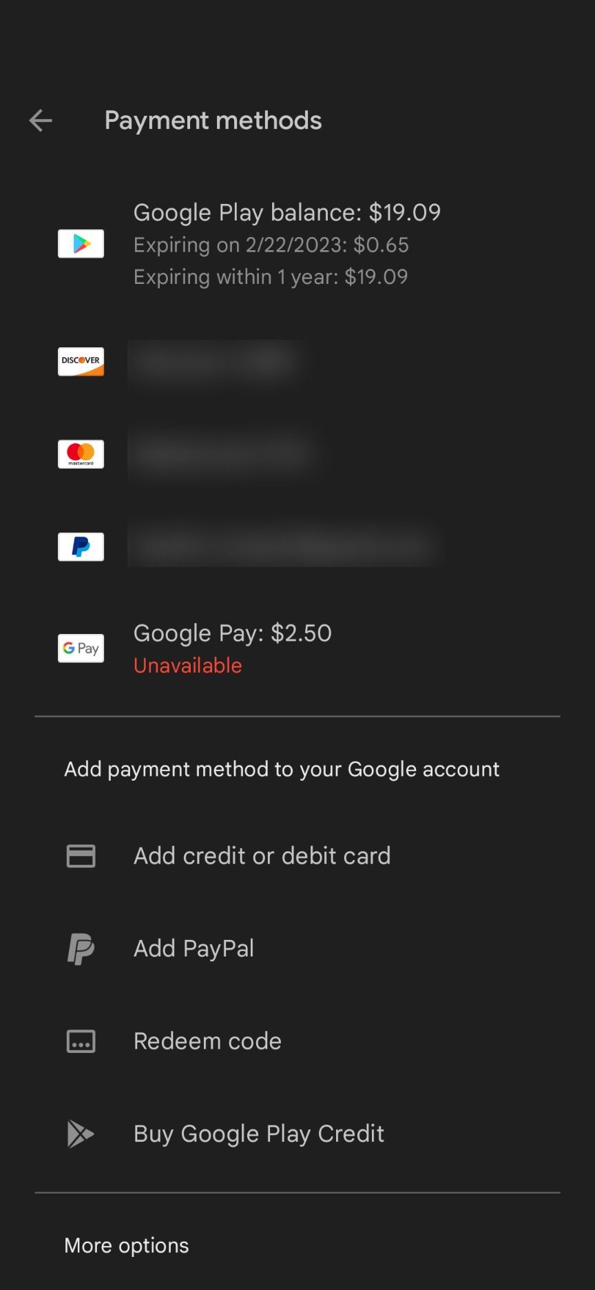 The Google Play Store Payment Methods page for checking payment balances.