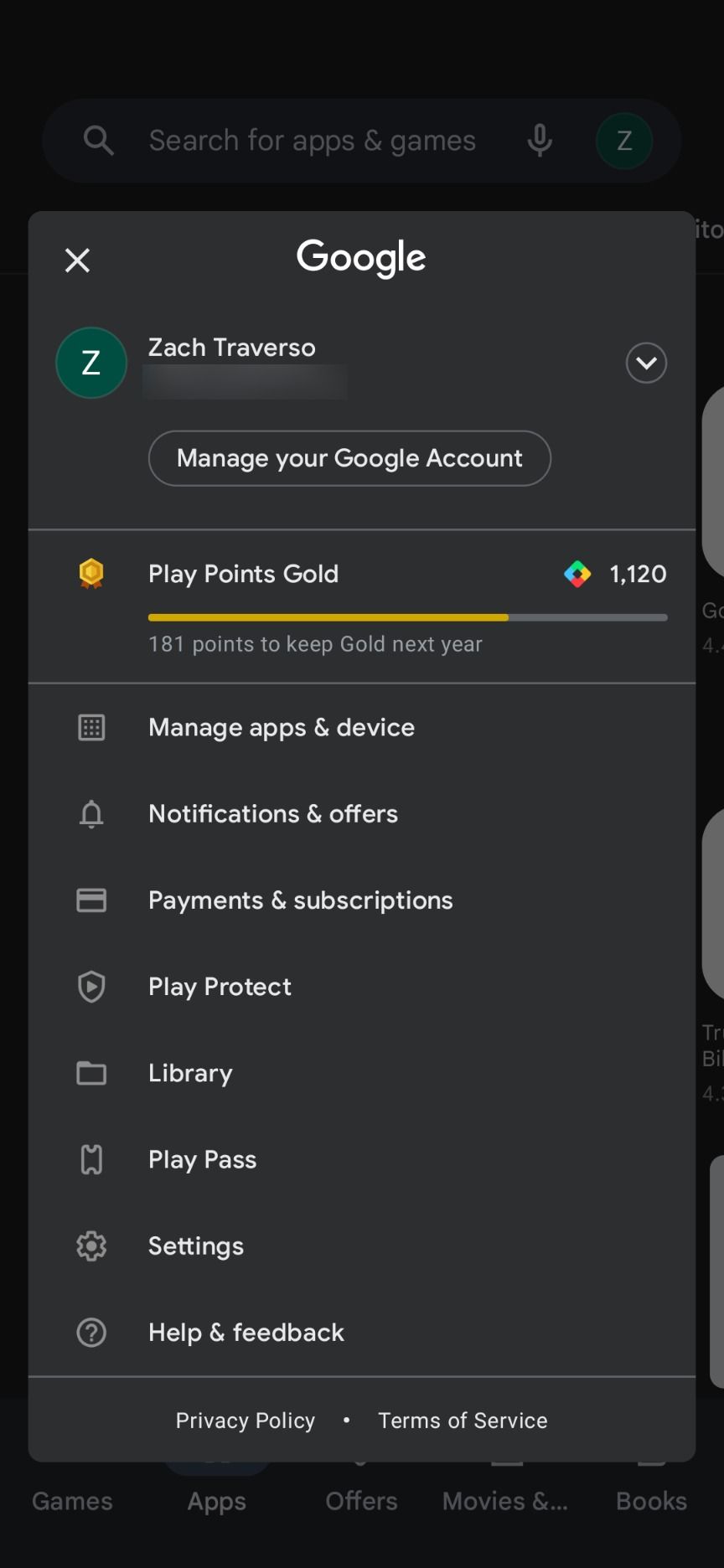 The Google Play Store app's profile page.