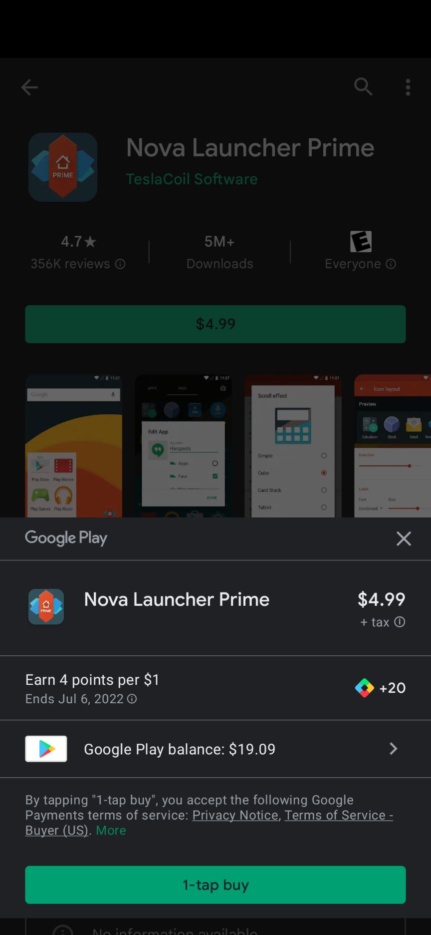 The purchase page for Nova Launcher Prime on the Google Play Store.
