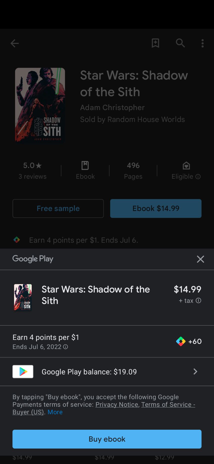 The Google Play Store app's purchase "Star Wars: Shadow of the Sith" page.