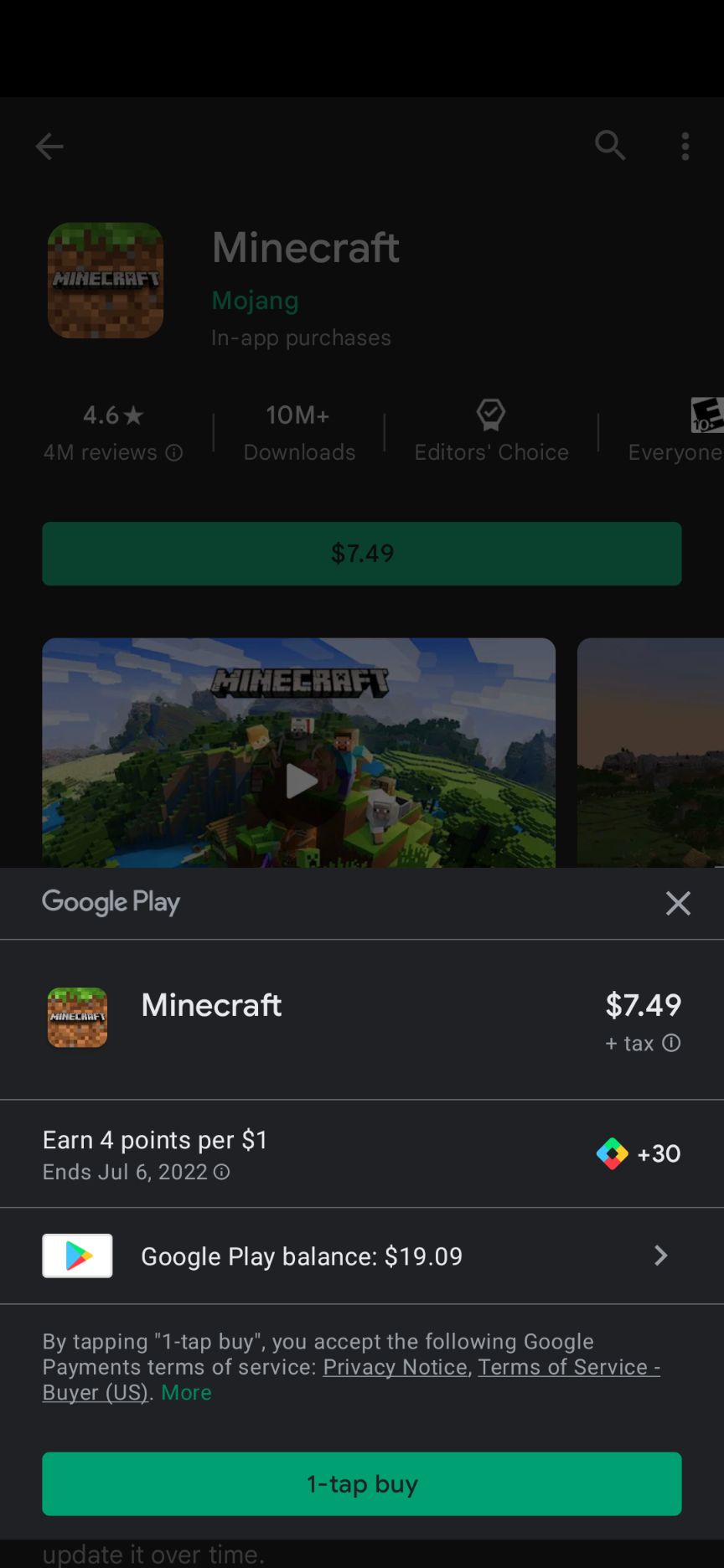 The Google Play Store app's purchase page for Minecraft.