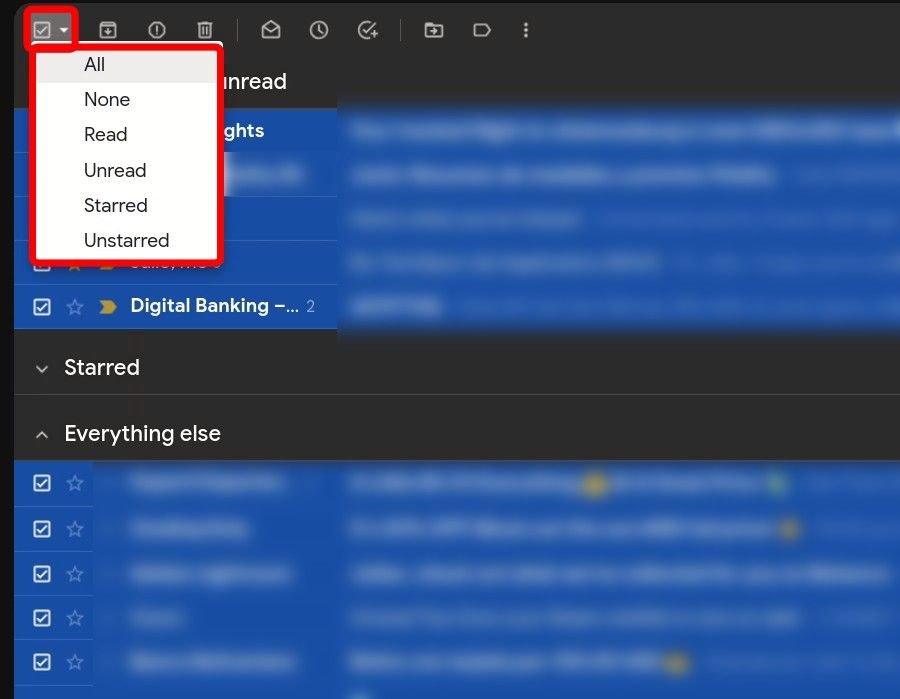 una bandeja de entrada de Gmail con el menú desplegable de selección abierto y resaltado