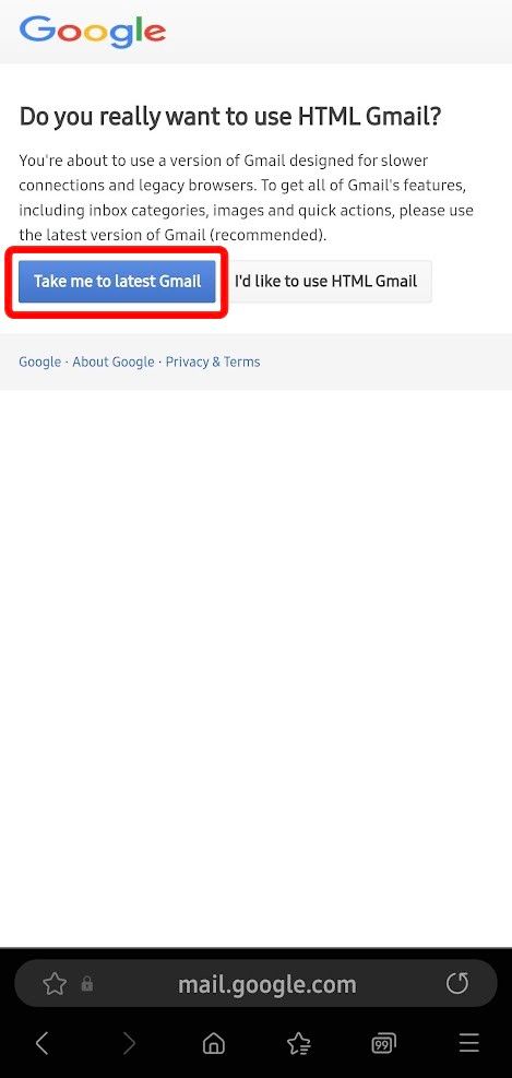 una página de google está abierta para confirmar qué versión de gmail abrir y el botón llévame a la última versión de gmail está resaltado