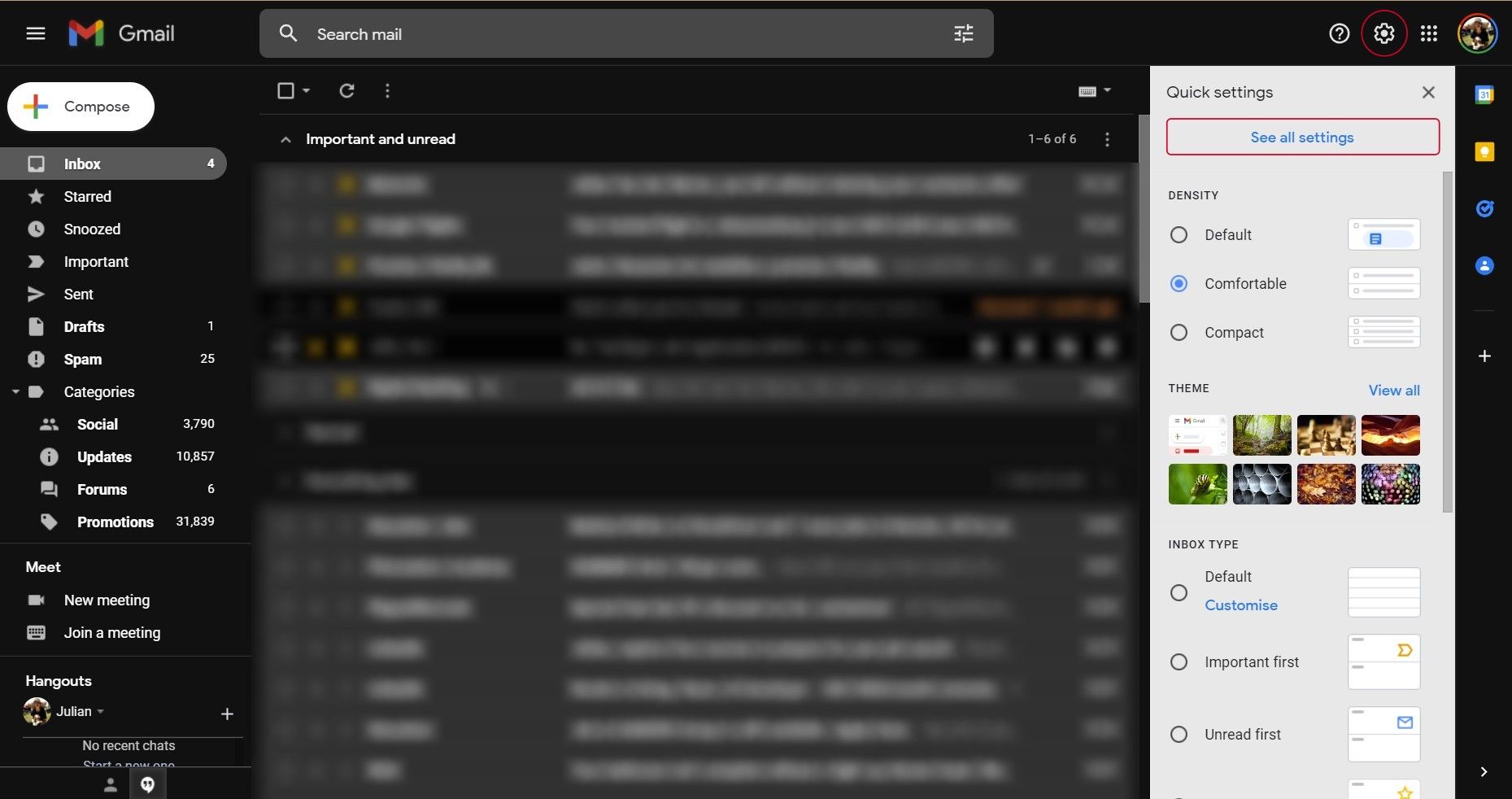A Gmail inbox with the settings cog selected and see all settings button highlighted