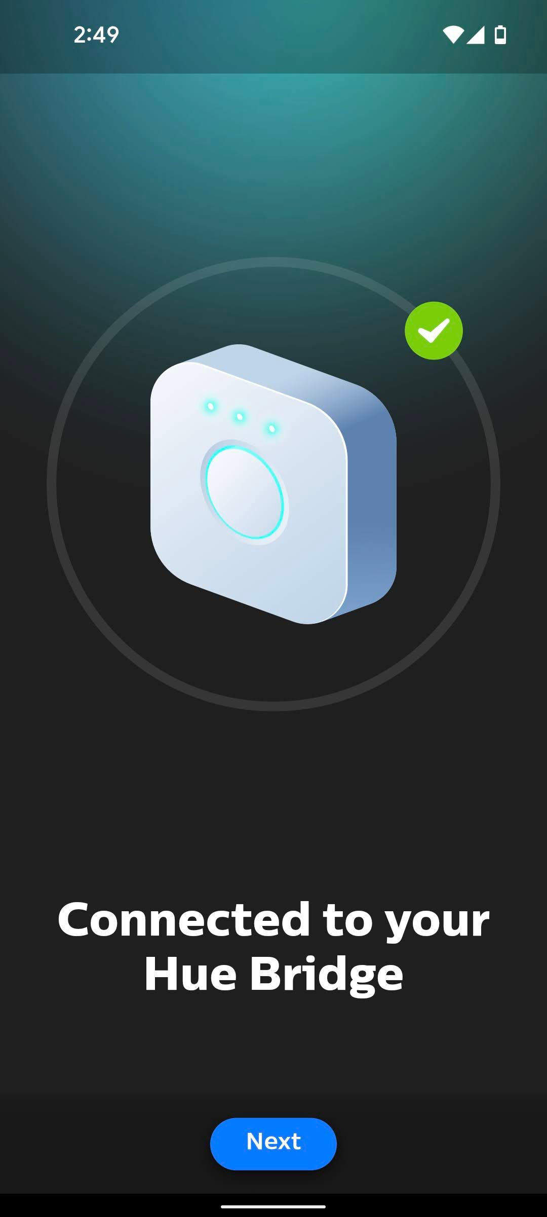 The Connected to Hue Bridge page in the Philips Hue Sync app