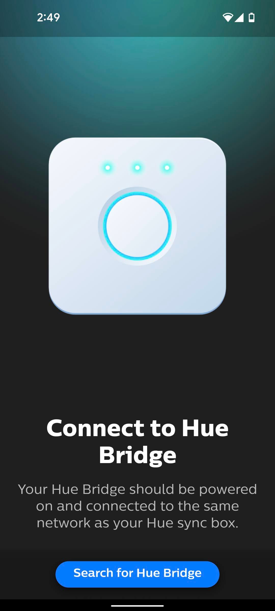 The Search for Hue Bridge page in the Philips Hue Sync app