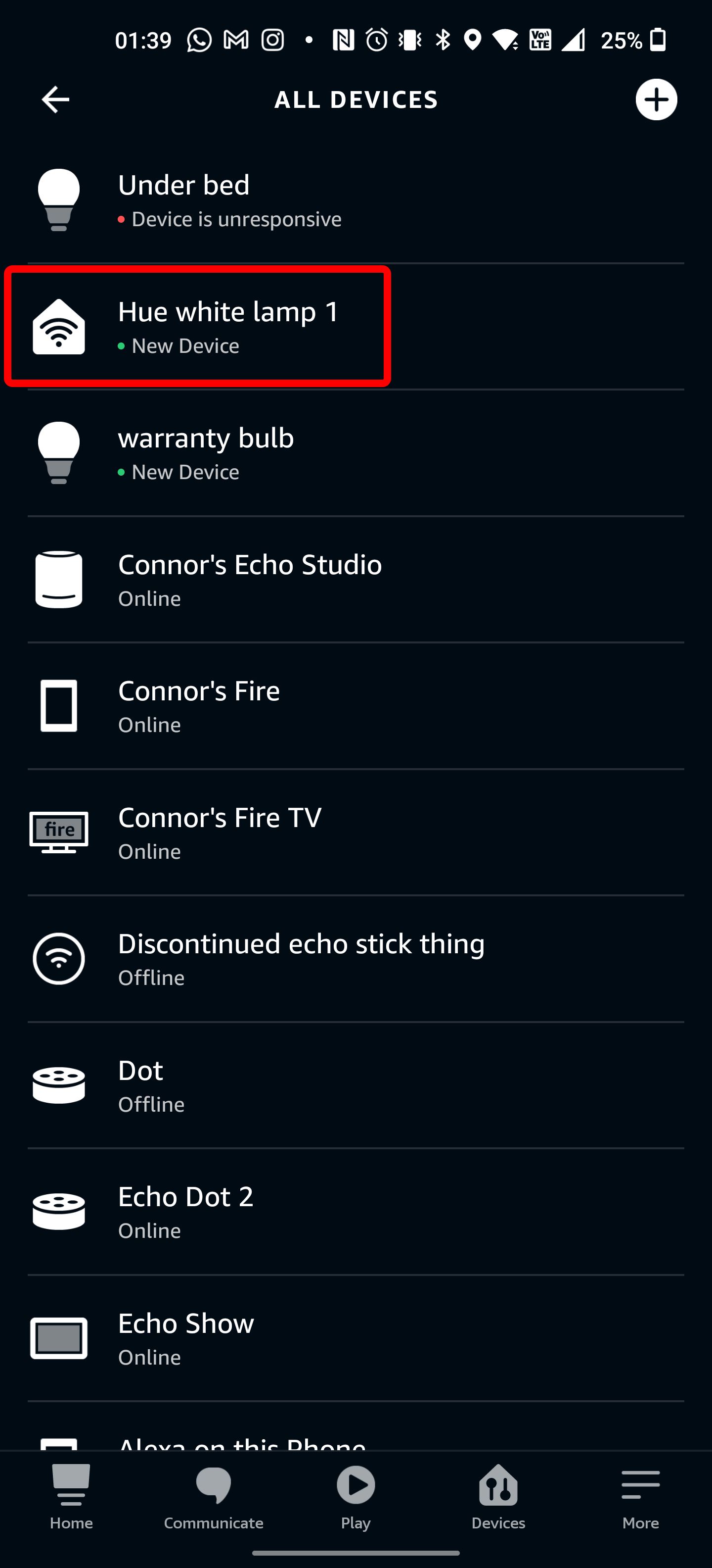 A red rectangle around a Hue light lamp icon on the Alexa app.