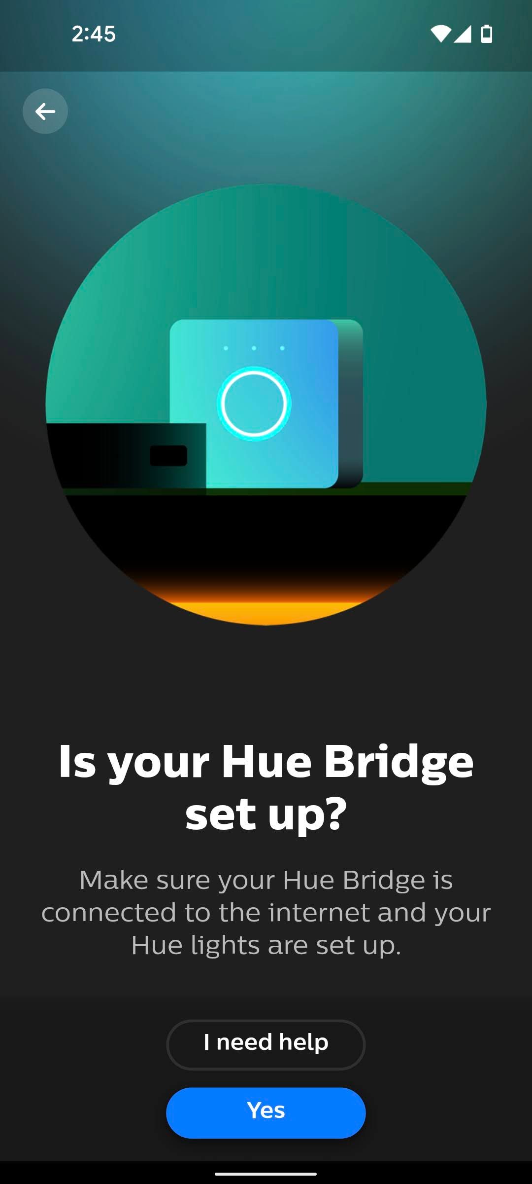 The Hue Bridge setup page in the Philips Hue Sync app