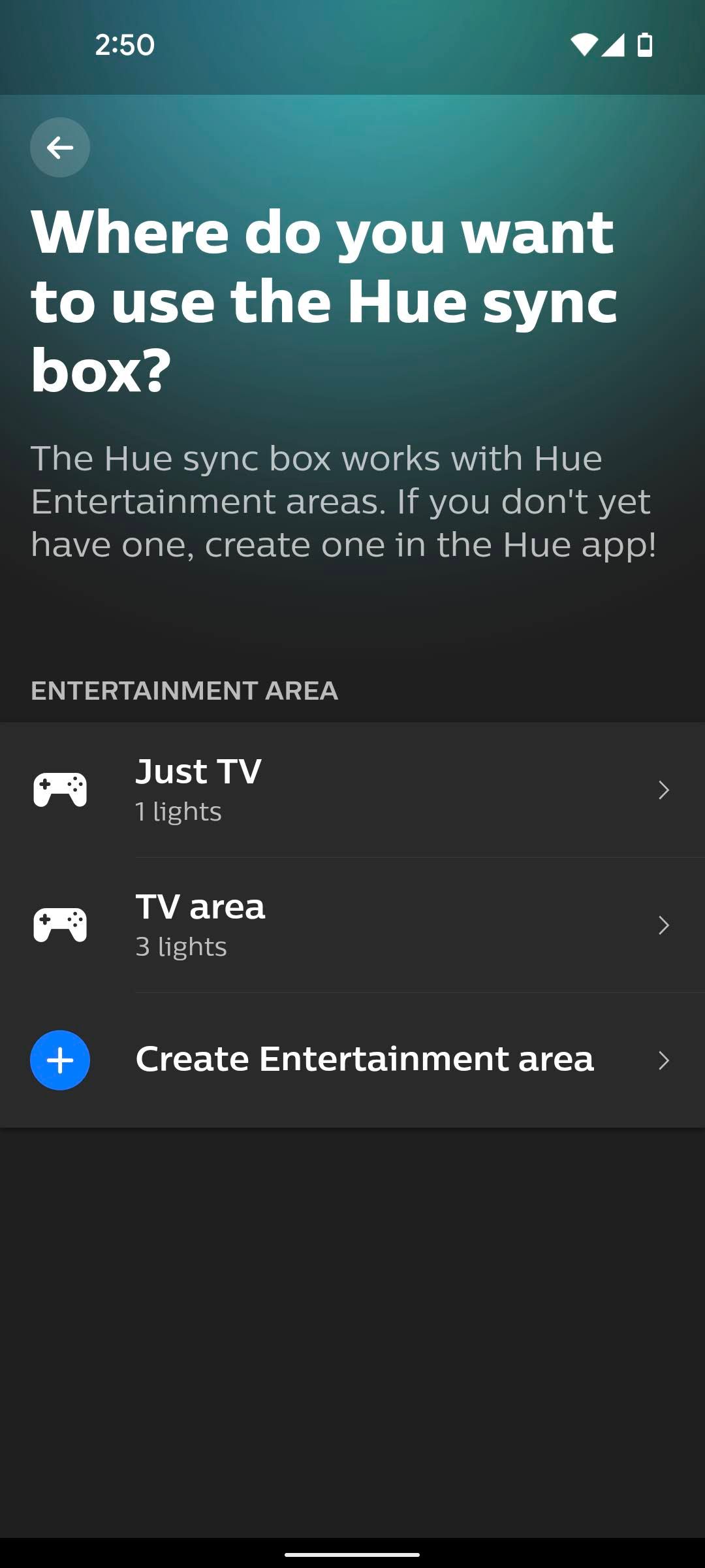 The Entertainment Area page in the Philips Hue Sync app