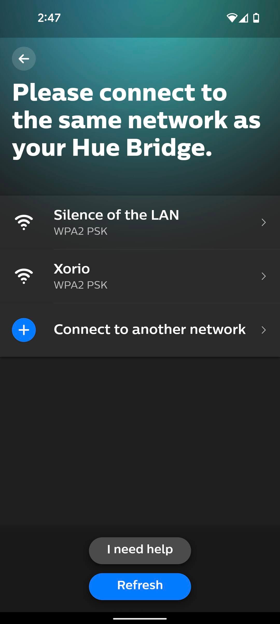 The Wi-Fi connection page in the Philips Hue Sync app
