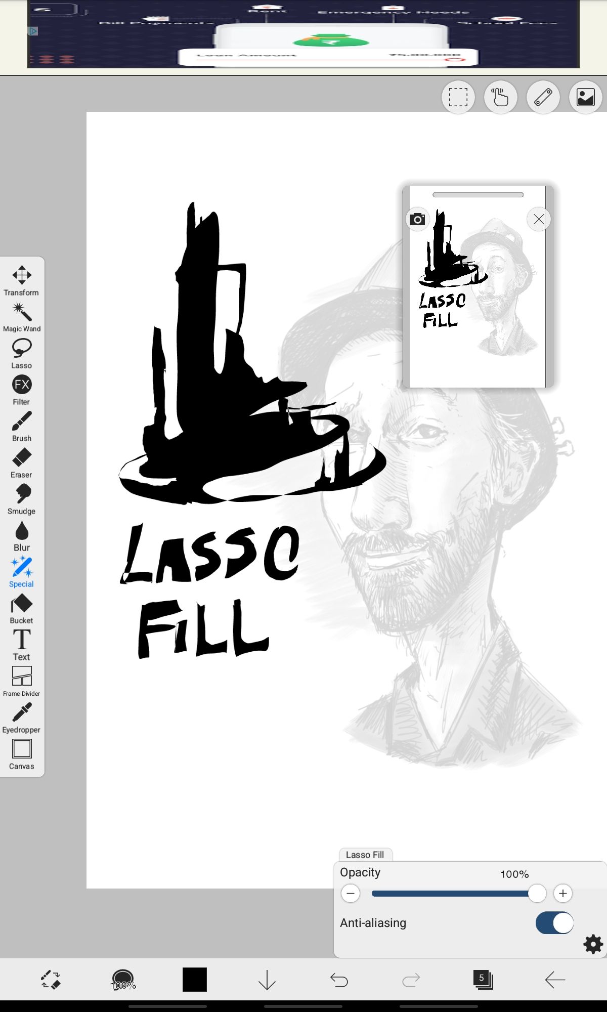 Ibis Paint's lasso fill tool is solid only.