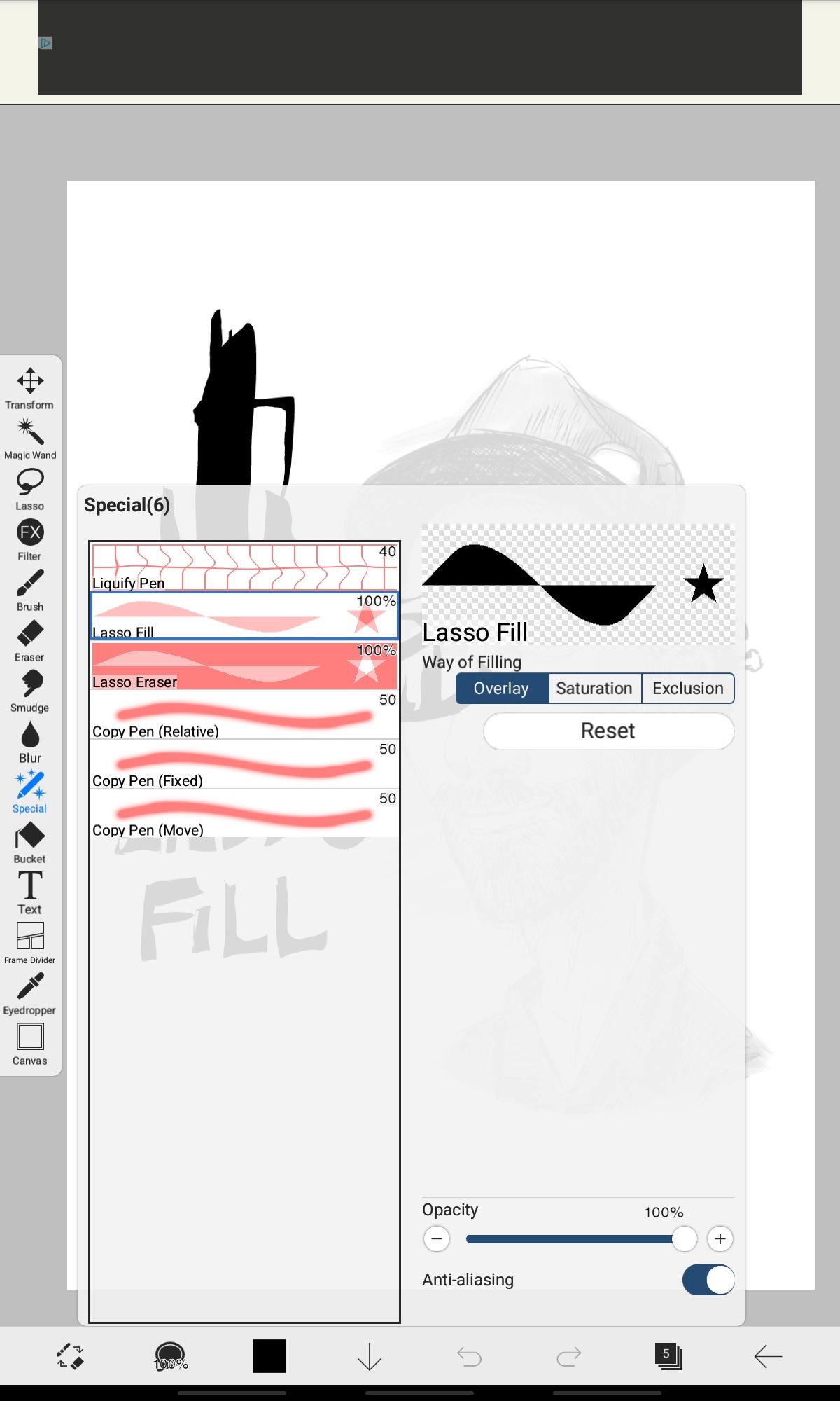 Various special tools are available in Ibis Paint such as the lasso fill and cutaway tool.